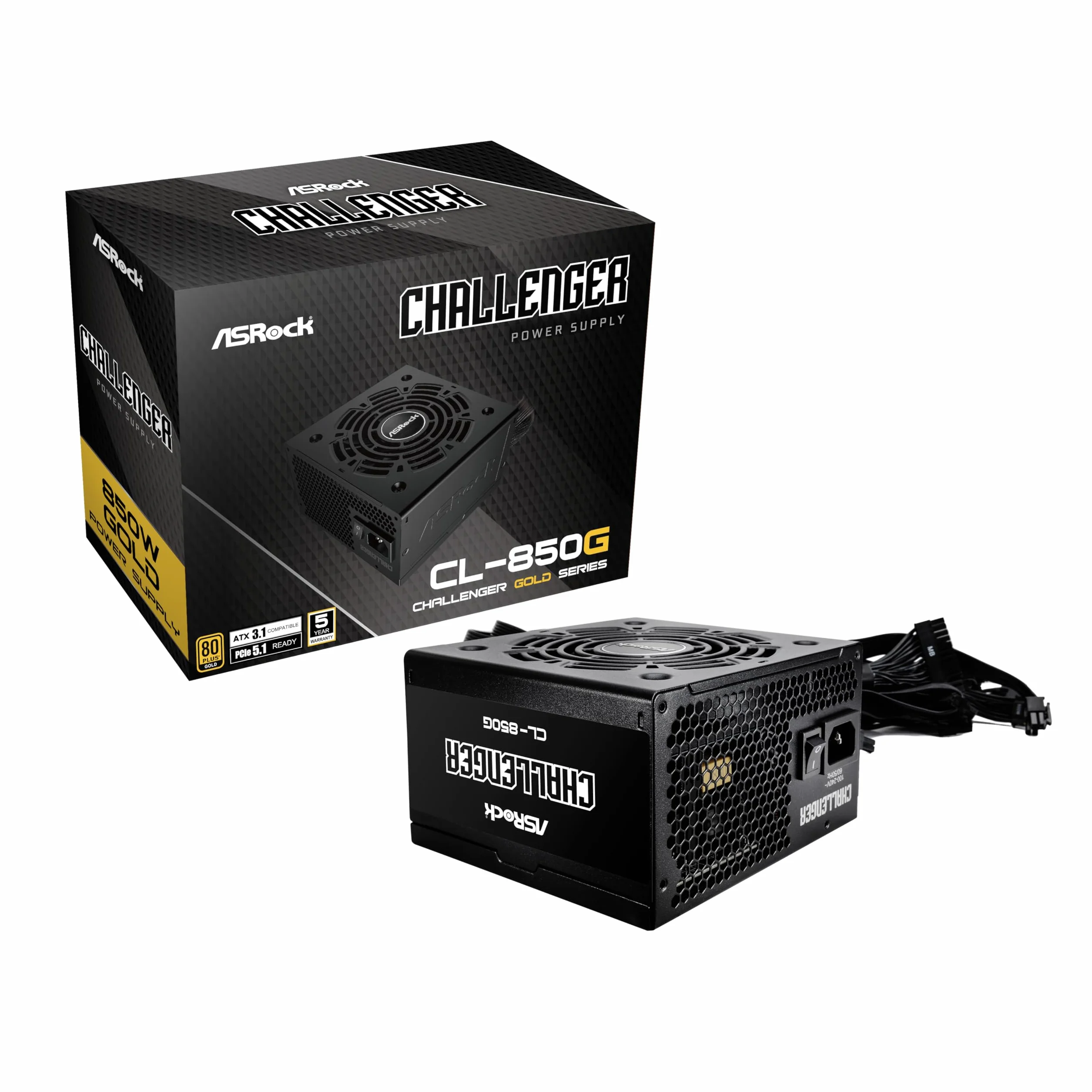 Źródło zasilania ASROCK CL-850G, PSU, 850W, 80 Plus złoty, 120 MM, Active PFC,PCI-E 5.1 (12+4pin) x1,PCI-E (6+2 pin) x4,SATA (5-pinowy) x4