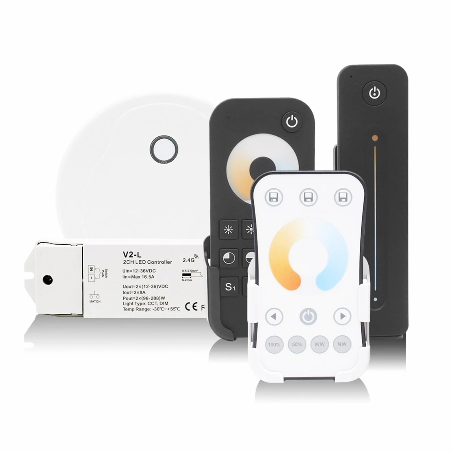 Kontroler 12V 24V 36V 2CH 16A 2,4G bezprzewodowy pilot zdalnego sterowania RF przełącznik ściemniacza LED do białych podwójnych pasków świetlnych CCT (V2-L i R7 Set)
