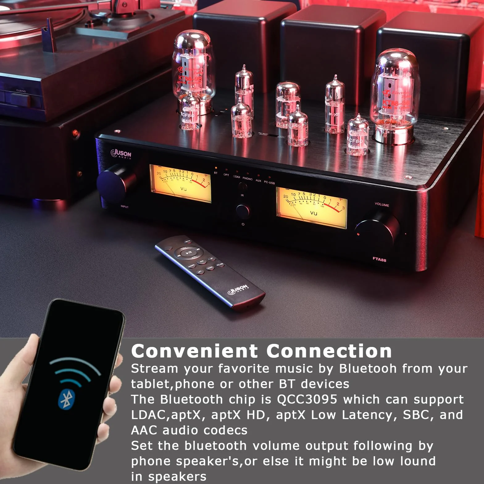 Juson Audio FTA88 Upgrade KT88 wzmacniacz rurowy zaworu, klasa A, wzmacniacz próżniowy HiFi z BT 5.0 Mosfet, jednokierunkowy, podwójny pilot zdalnego sterowania, aptX-HD