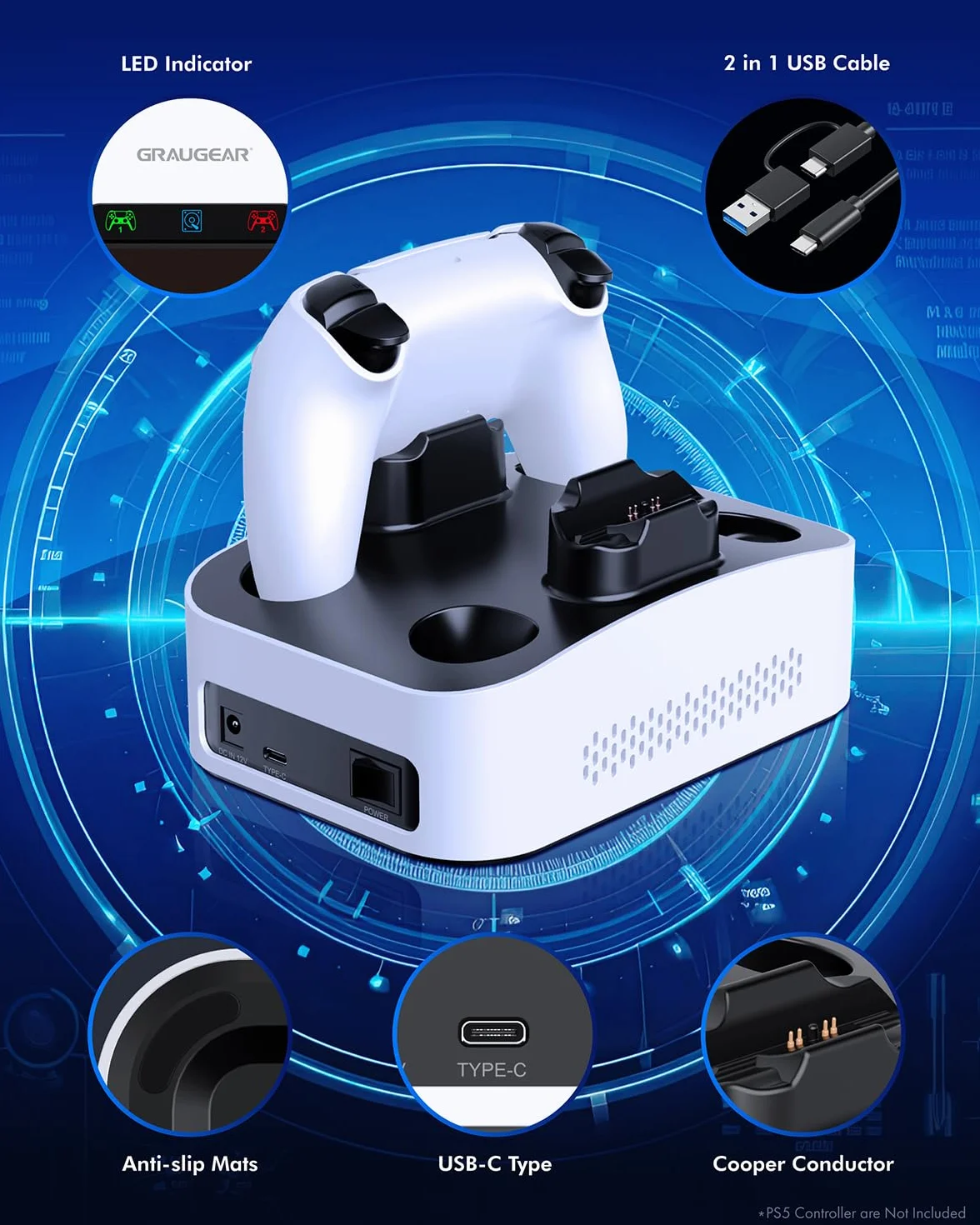 Zewnętrzna obudowa dysku twardego do Playstation5, stacja ładująca do dwóch kontrolerów PS5, do 3,5 cala HDD, kabel USB-C, z adapterem USB-A, zasilacz, G-3506-CG