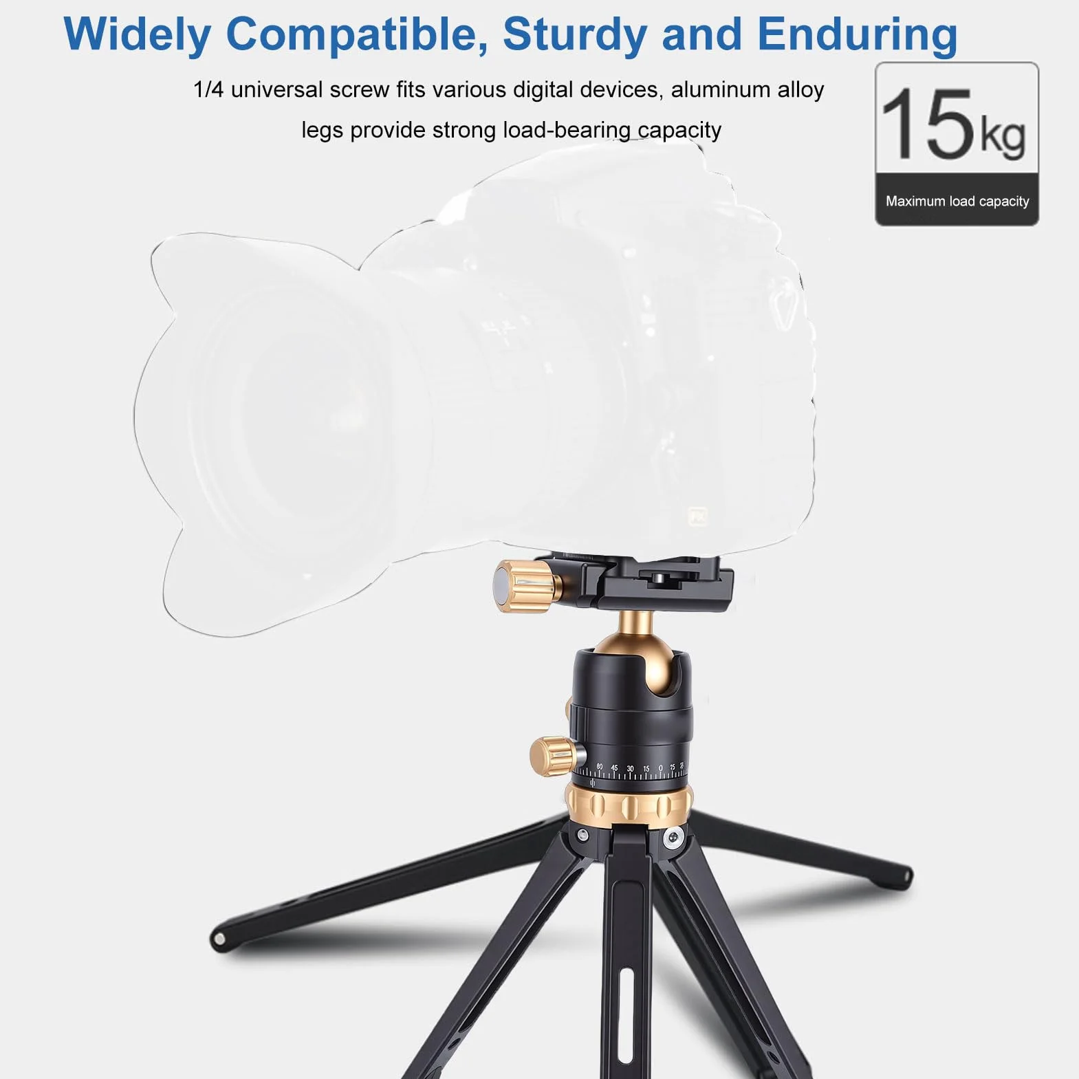 LICAEVEY Przenośny Ministatyw Stacjonarny z głowicą kulową 360°, Regulowany Stojak do Aparatu Bezlusterkowego DSLR, Płytka Szybkiego Uwalniania, Duże Obciążenie 11 Funtów do Wideo Vlogów (GOLD)