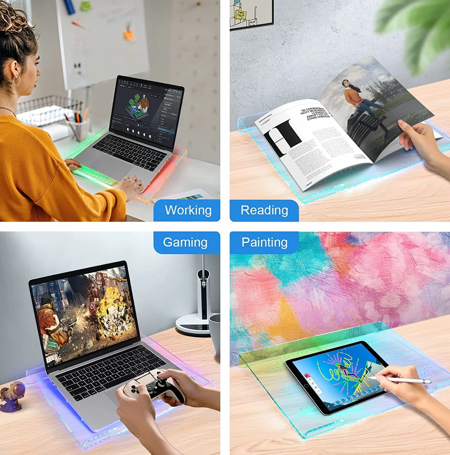 MAMBASNAKE Podpórka na laptopa na biurko, przezroczysty akrylowy stojak na laptopa, ergonomiczny stojak na komputer do laptopa, wentylowany uchwyt na notebooka, podświetlenie 366 RGB, kompatybilny z iPadem MacBookiem, od 10 do 17,3 cala, do pracy lub domu