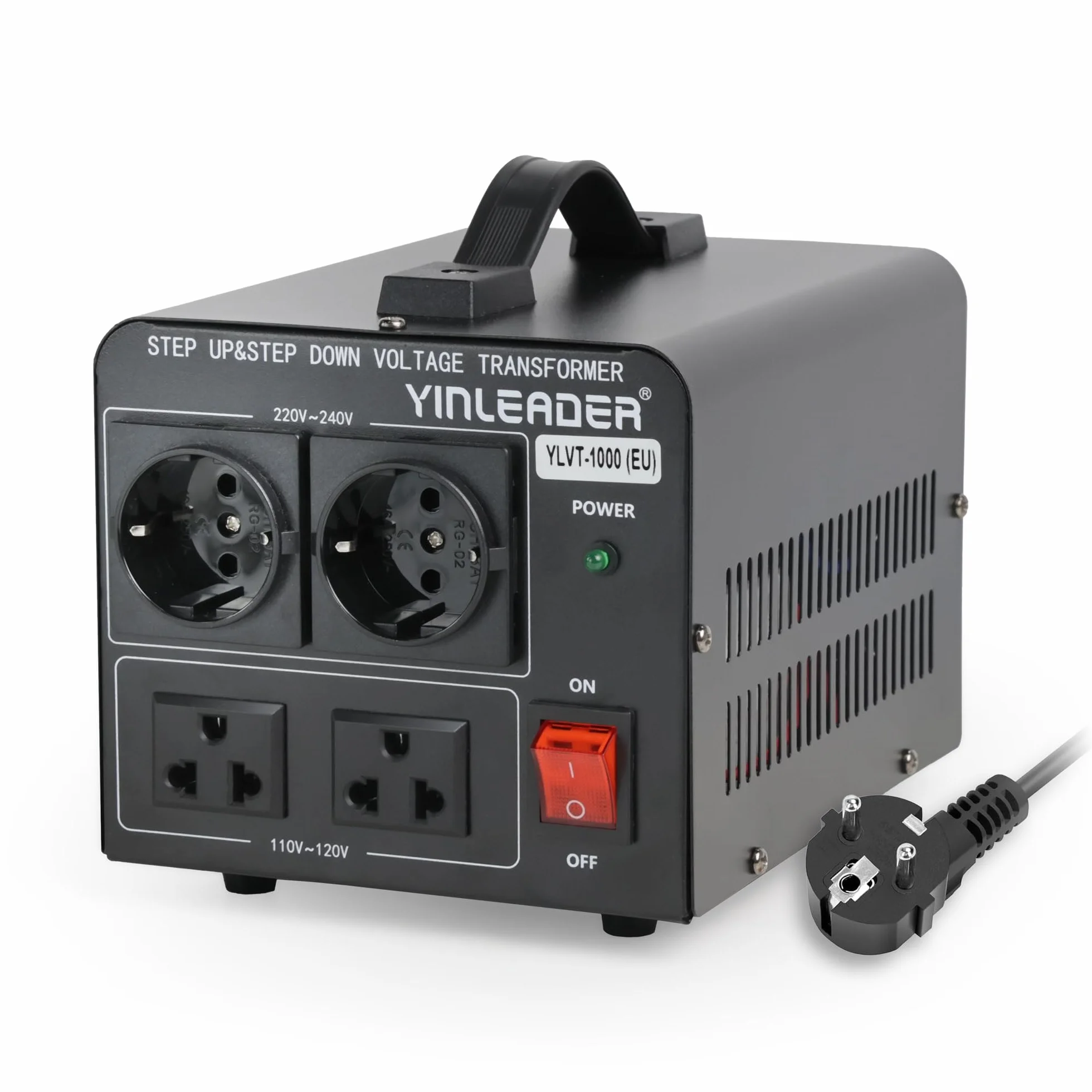 Yinleader Transformator konwertera napięcia 1000 W 110 V/220 V, certyfikat CE, gniazda 2 x 110 V/220 V, ochrona przed przeciążeniem, 1000 VA, 50/60 Hz, 4,1 kg
