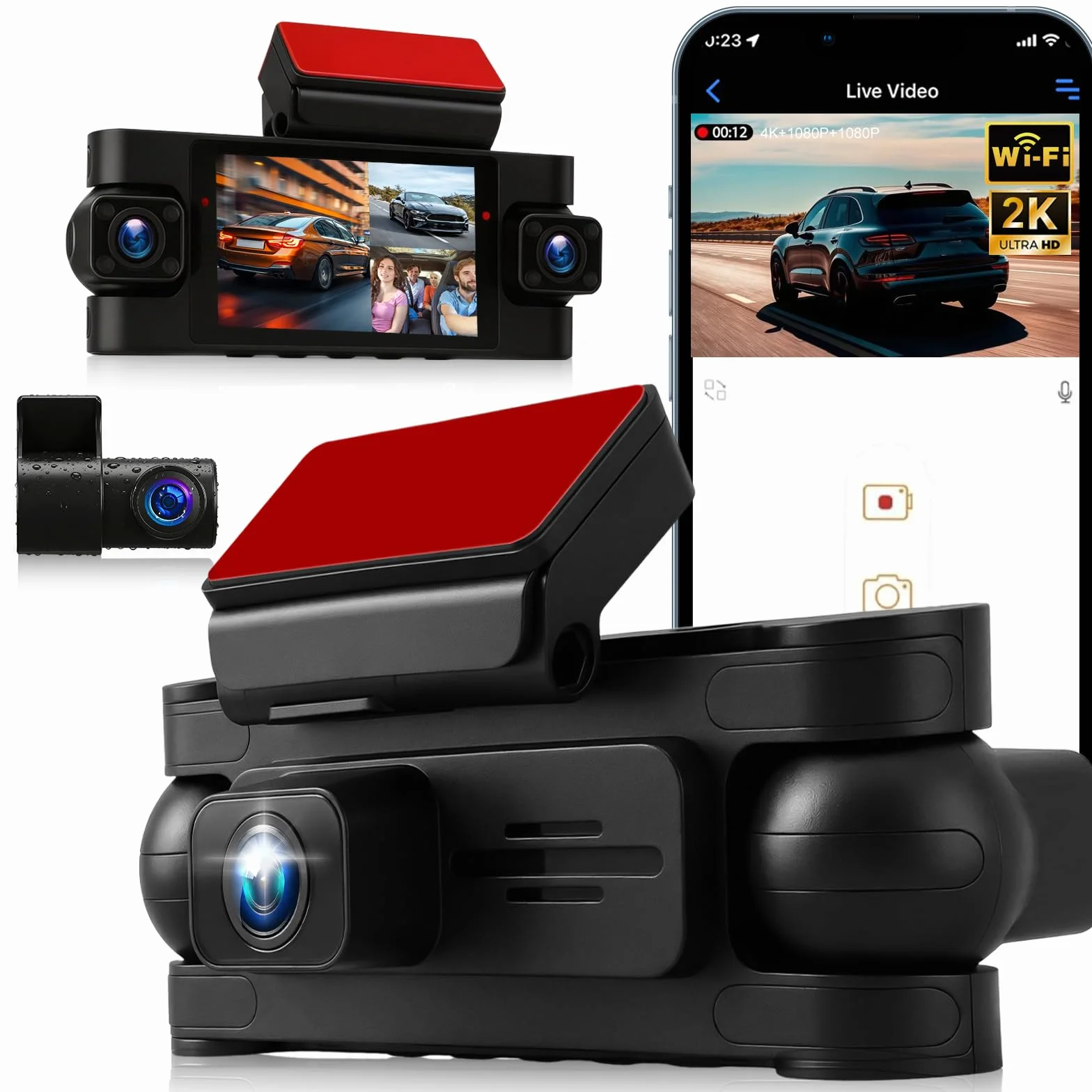 Kamera samochodowa 360 stopni, 4-kanałowa kamera przednia retro i wewnętrzna z GPS i 5G WiFi, 2K + 3 x 1080P, 3-calowy ekran IPS, noktowizor, tryb parkowania 24/7, czujnik G
