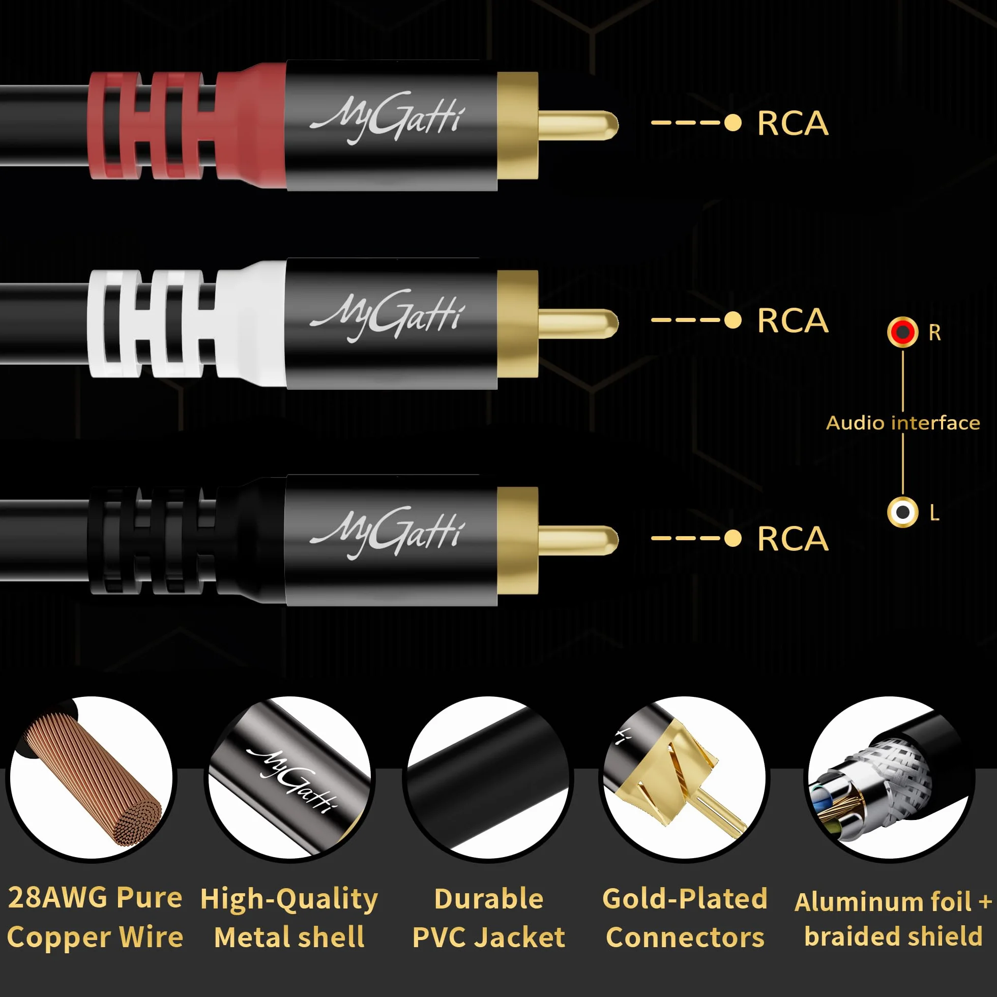 Kabel rozdzielający cinch-Y 5 m, 2x cinch, stereo audio, RCA, pozłacany