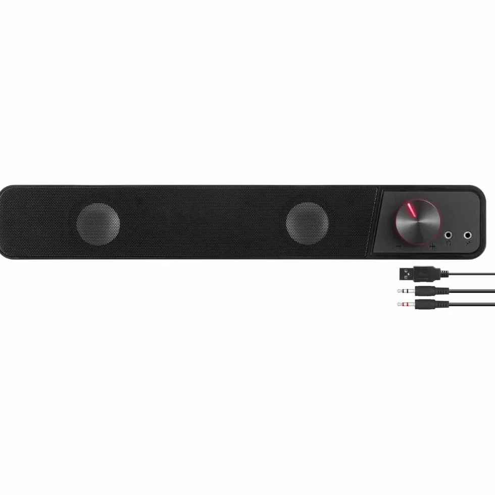 Speedlink BRIO Stereo Soundbar – dla komputerowa, doskonałej jakości dźwięku, 12 W, 2× wtyk jack 3,5 mm + wtyczka USB typu A, z regulacją głośności, gniazdem słuchawkowym i mikrofonowym, czarny