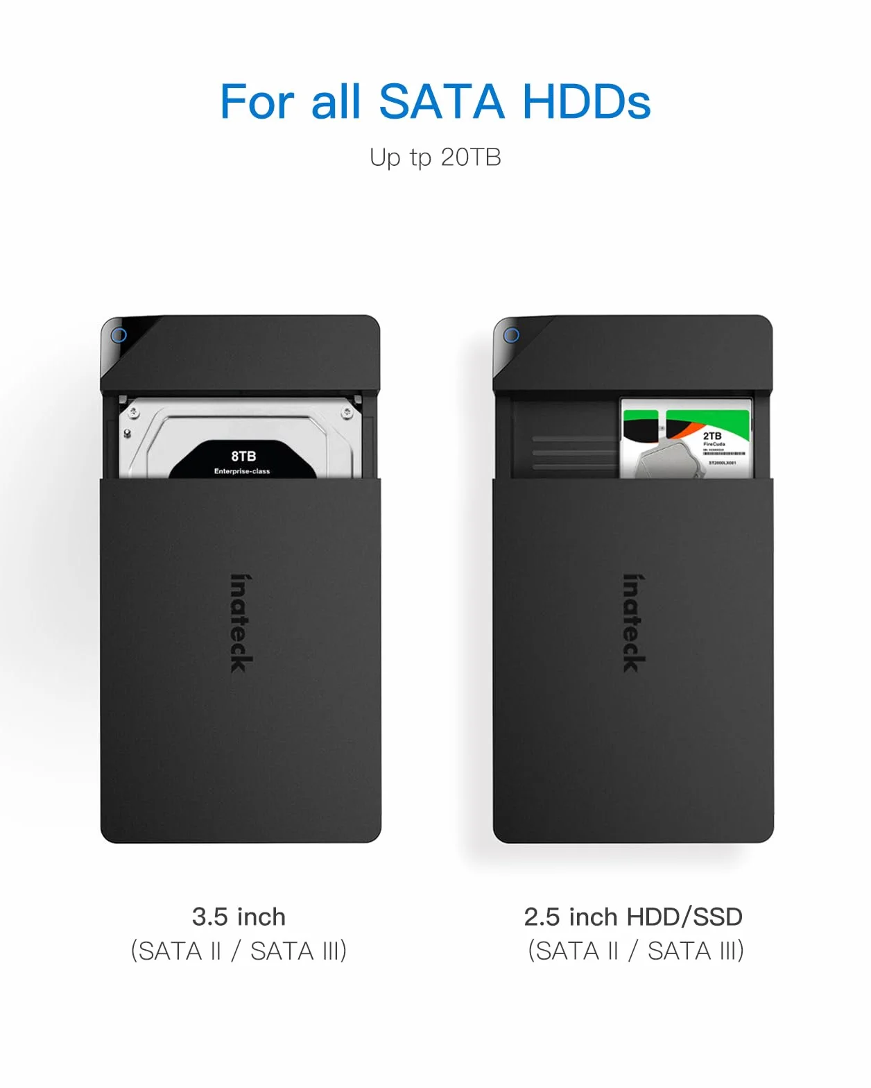 Inateck Obudowa dysku twardego 3.5 USB 3.0, zewnętrzna obudowa HDD do 2,5"/3,5" SATA HDD i SSD, obsługuje UASP i maksymalnie 20 TB napędów, zasilacz 12 V/2 A