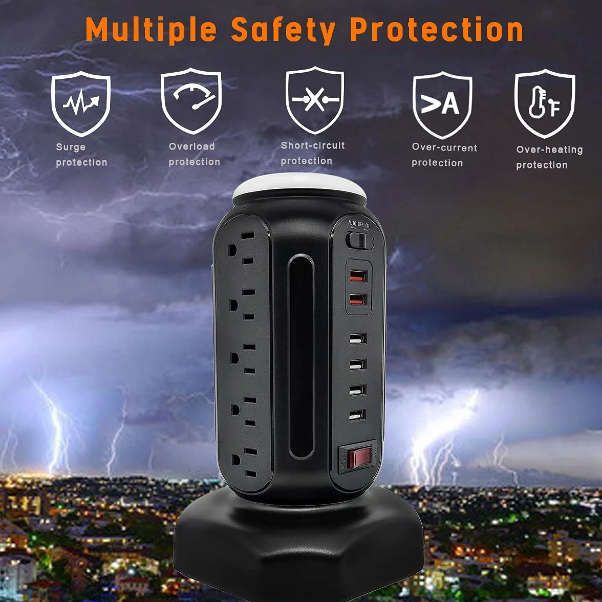 Power Strip Tower 15 gniazd, 6 portów USB, ochrona przeciwprzepięciowa z kolorowym światłem LED i szybką ładowarką USB, stacja ładująca komputer z wytrzymałym przedłużaczem 6,5