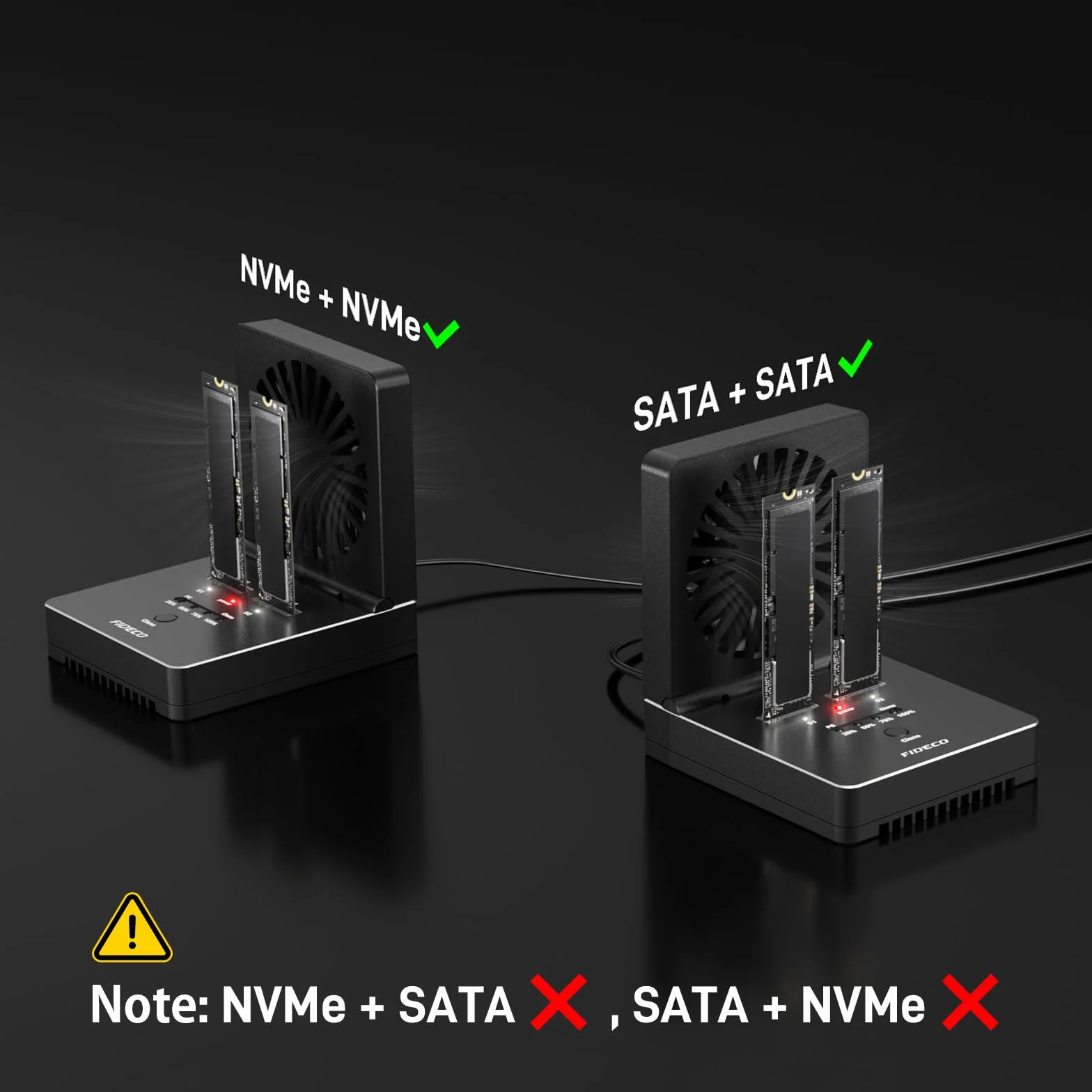 FIDECO M.2 NVMe SATA SSD Cloner Dock, USB 3.2 Gen 2, 20 Gb/s NVMe Cloner Duplicator ze składanym wentylatorem chłodzącym, obsługa klonu offline, UASP i TRIM, aluminiowa konstrukcja