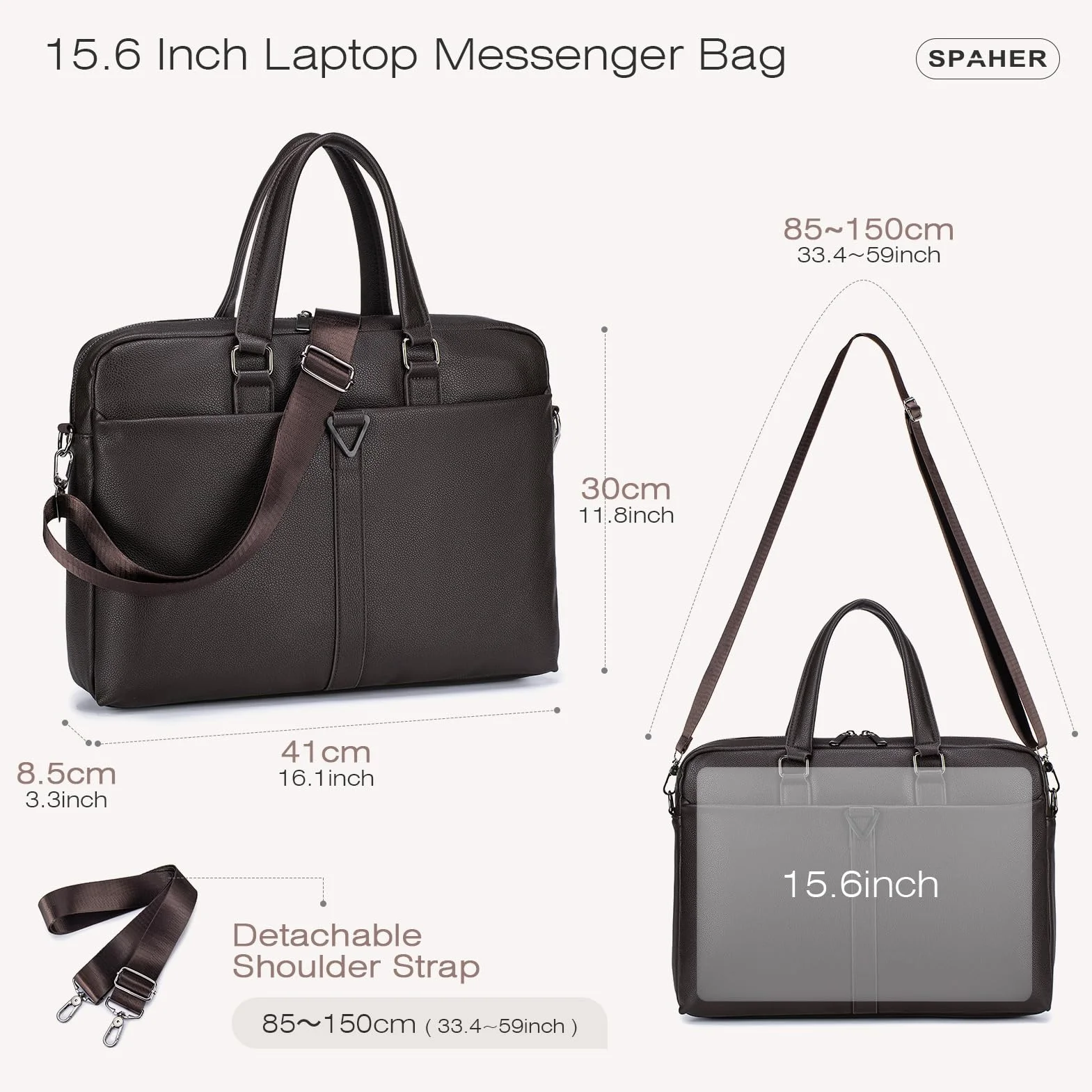 SPAHER Torba na Laptopa 15,6 Cala ze Skóry PU z Portfel Męska Teczka Skórzana z Przegrodą na Laptopa Torba Listonoszka Biznesowa Torba na Ramię dla Mężczyzn i Kobiet do Szkoły i Pracy
