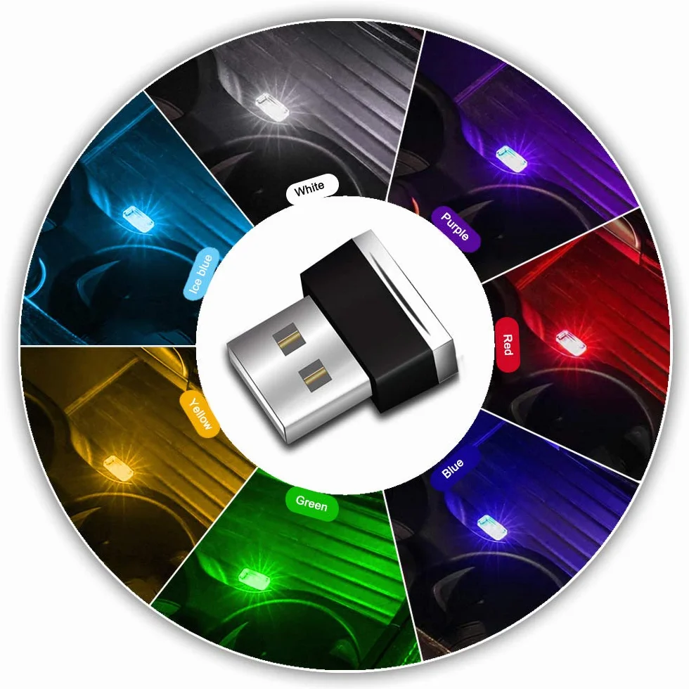 Oświetlenie otoczenia wnętrza samochodu LED, 7 szt., mini lampki USB, do wnętrza samochodu, tylnej klapy laptopa, lampki nocne, uniwersalne 5 V, 7 kolorów