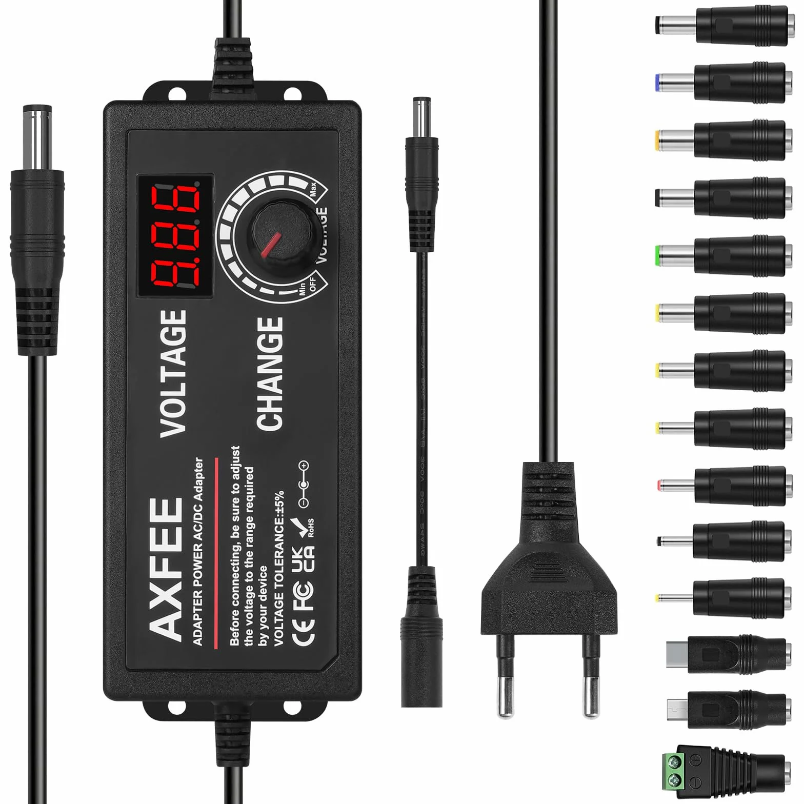 AXFEE Regulowany adapter sieciowy 3 A 72 W, zasilacz 3 V-24 V, uniwersalny 100 V-240 V AC na DC, 5,5 mm z 14 adapterami