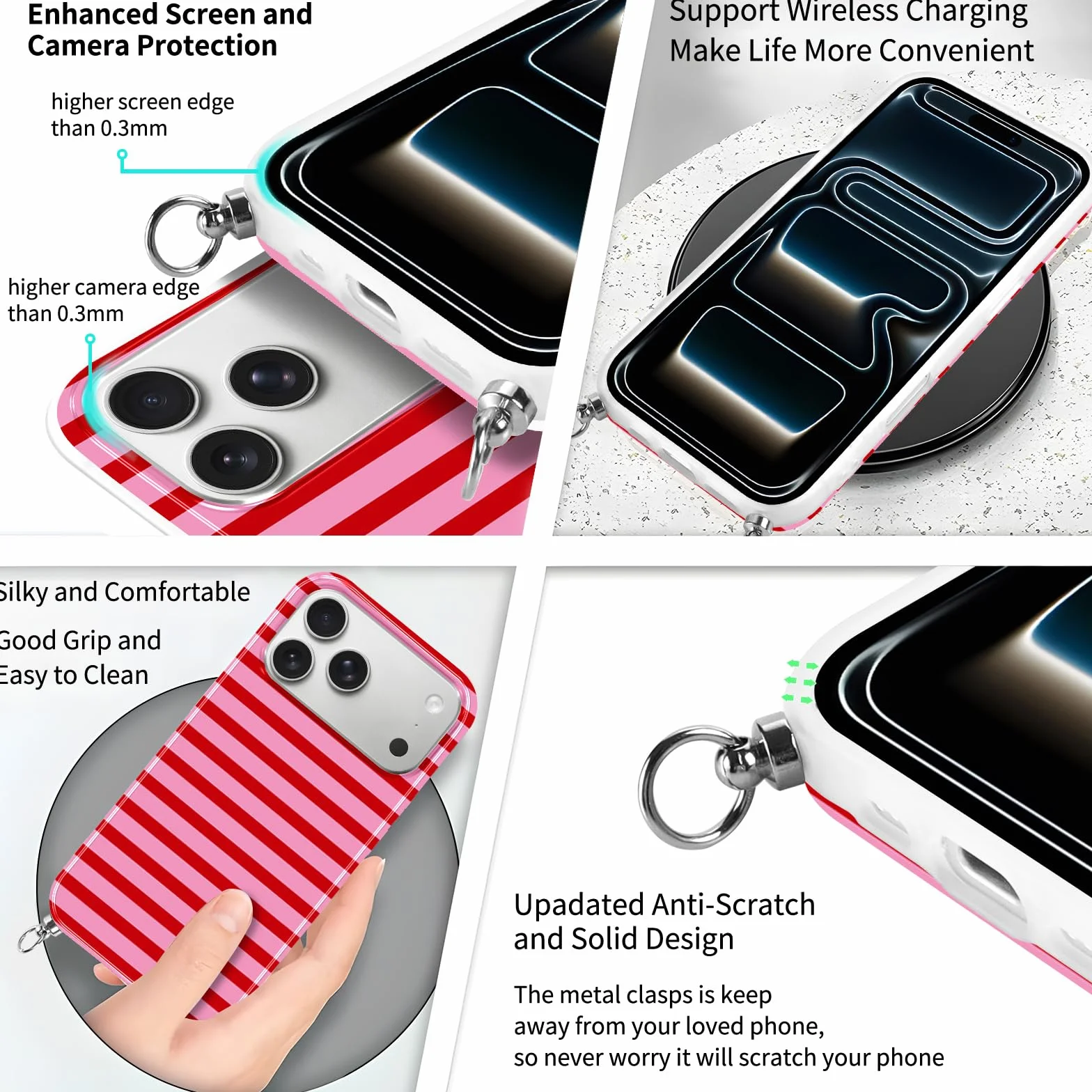 Etui Striped do iPhone 17 Pro Max 6,9" ze sznurkiem, półprzezroczyste silikonowe etui estetyczne, czerwone i różowe paski, wzór, regulowany naszyjnik, etui ze smyczą, odporne na wstrząsy etui