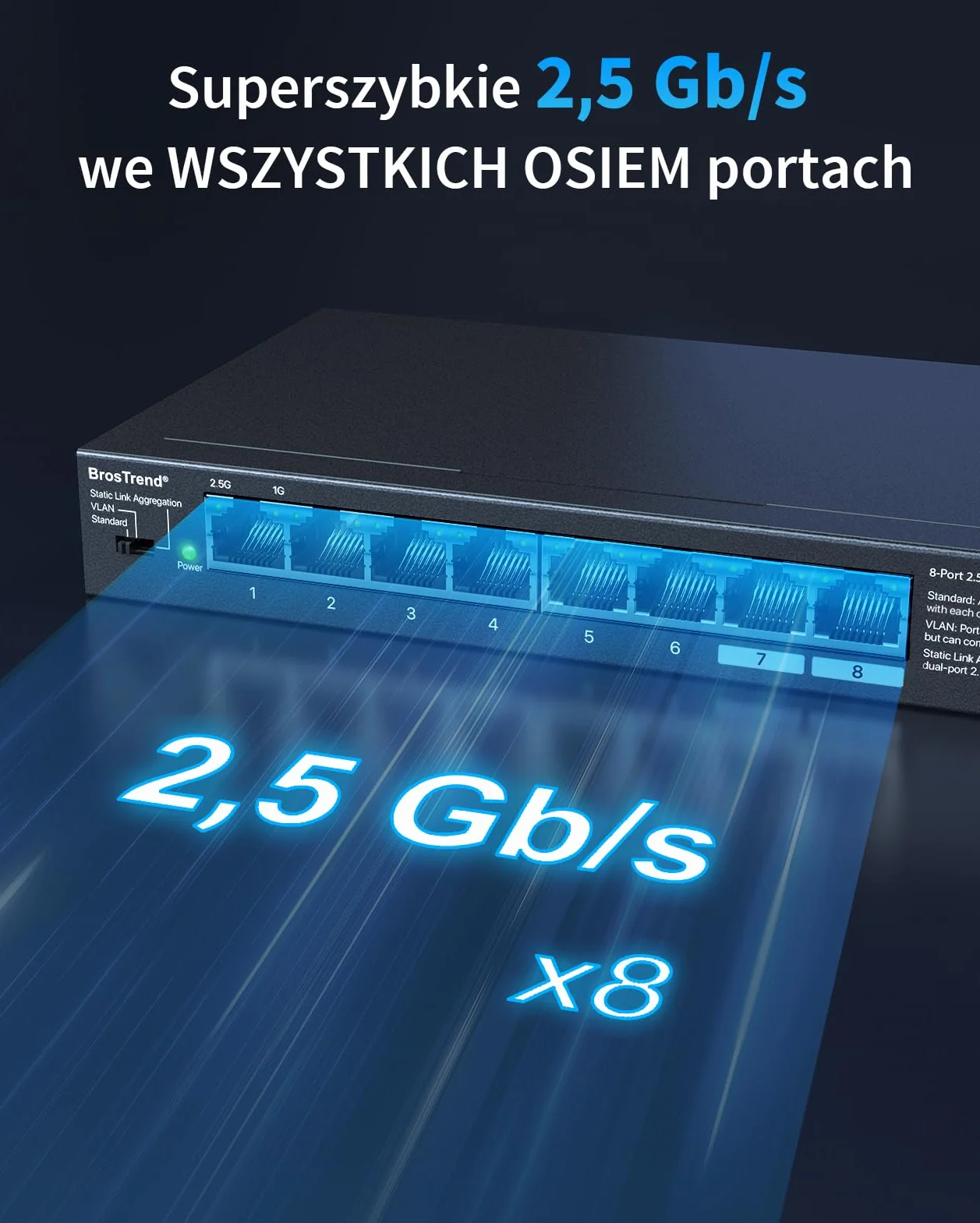 BrosTrend Przełącznik 2,5 Gb, niezarządzany 8-portowy przełącznik Ethernet 2,5 Gigabit obsługujący agregację statycznych łączy i VLAN, rozdzielacz Multi Gig do gier, NAS, PC, dożywotnia gwarancja