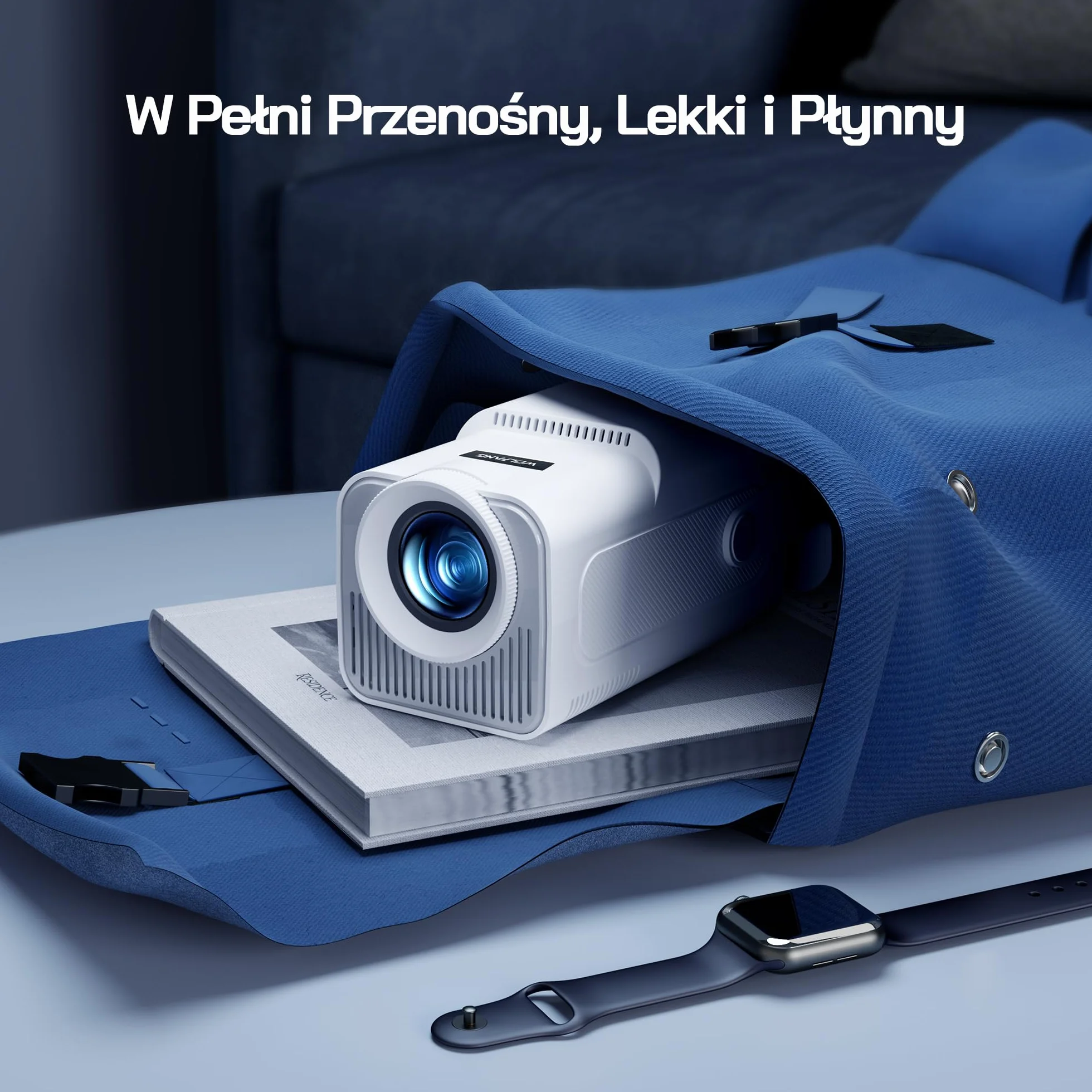 WOLFANG WP03 Mini Projektor 1080P z Aplikacją na Androida, Przenośny Projektor z WiFi i Bluetooth do Kina Domowego, Korekcja Trapezowa Czterech Narożników, Obrotowy o 180° Zewnętrzny Projektor Filmowy