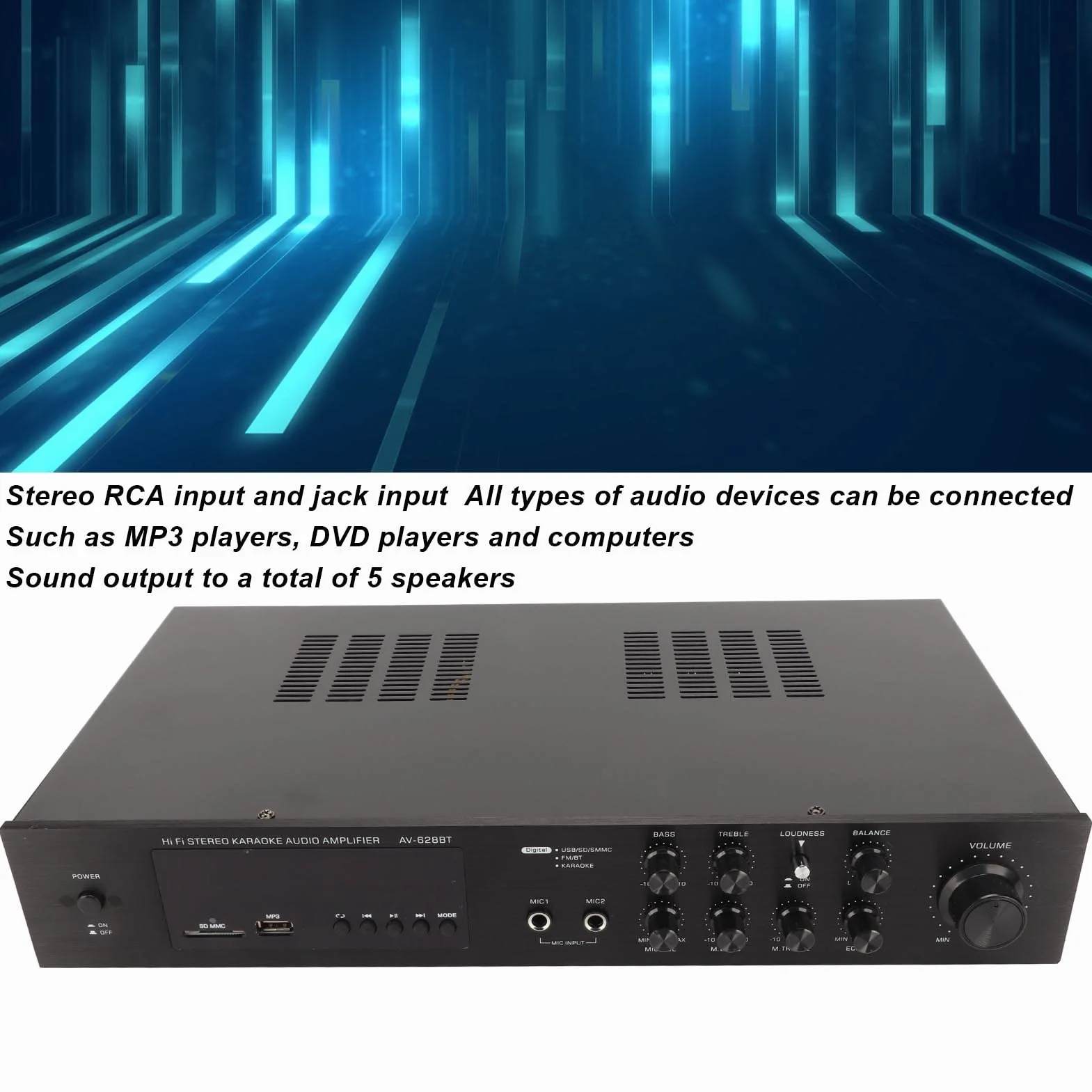 628BT Odbiornik Kina Domowego Bluetooth, 5-kanałowy 500W High Power Car Sound Wzmacniacz Stereo do Kina Domowego Karaoke Party
