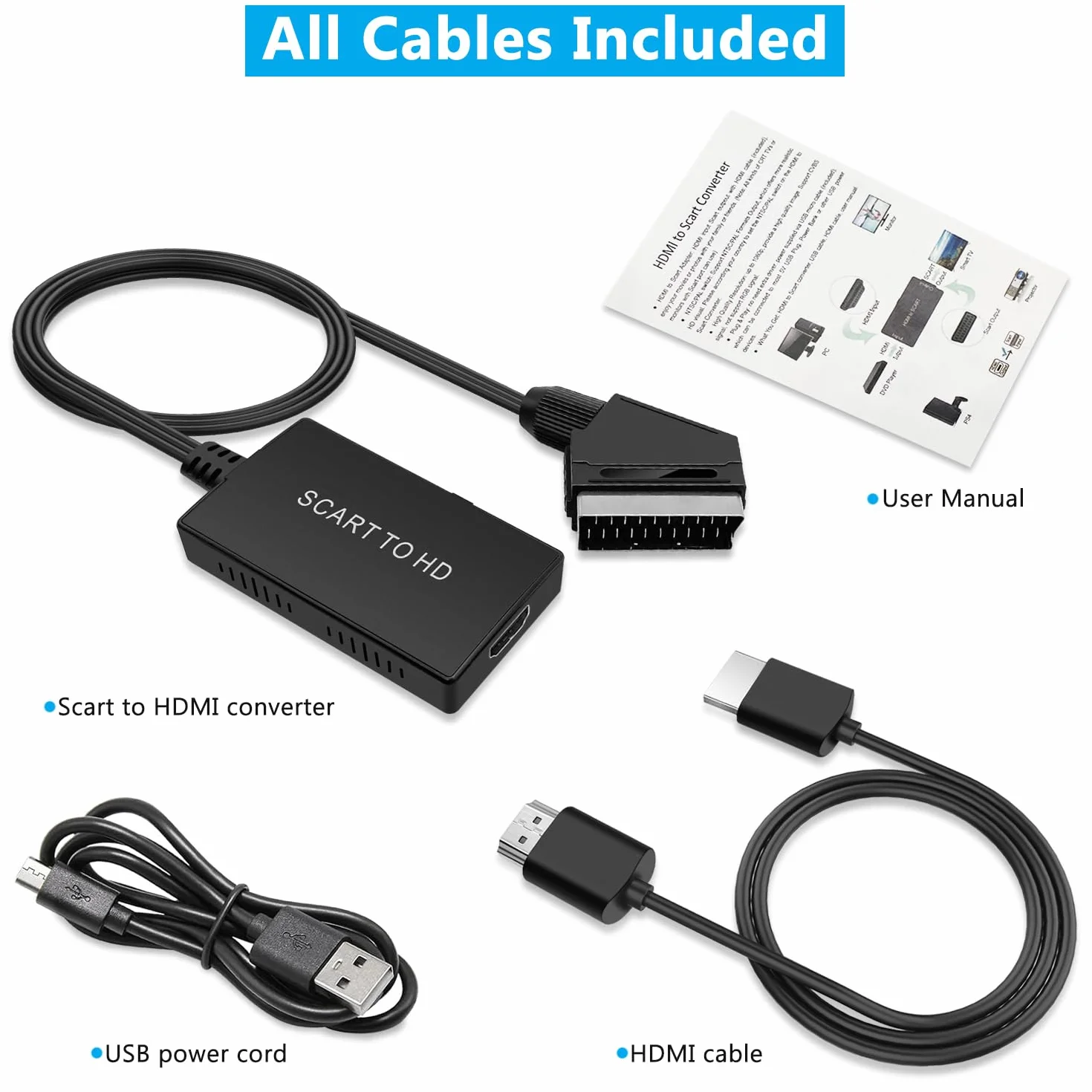 Adapter konwertera Scart na HDMI z kablem HDMI i Scart + zasilacz USB, konwerter wideo HD na Audio 1080P/720P do HDTV/DVD/PS3/Xbox/VHS