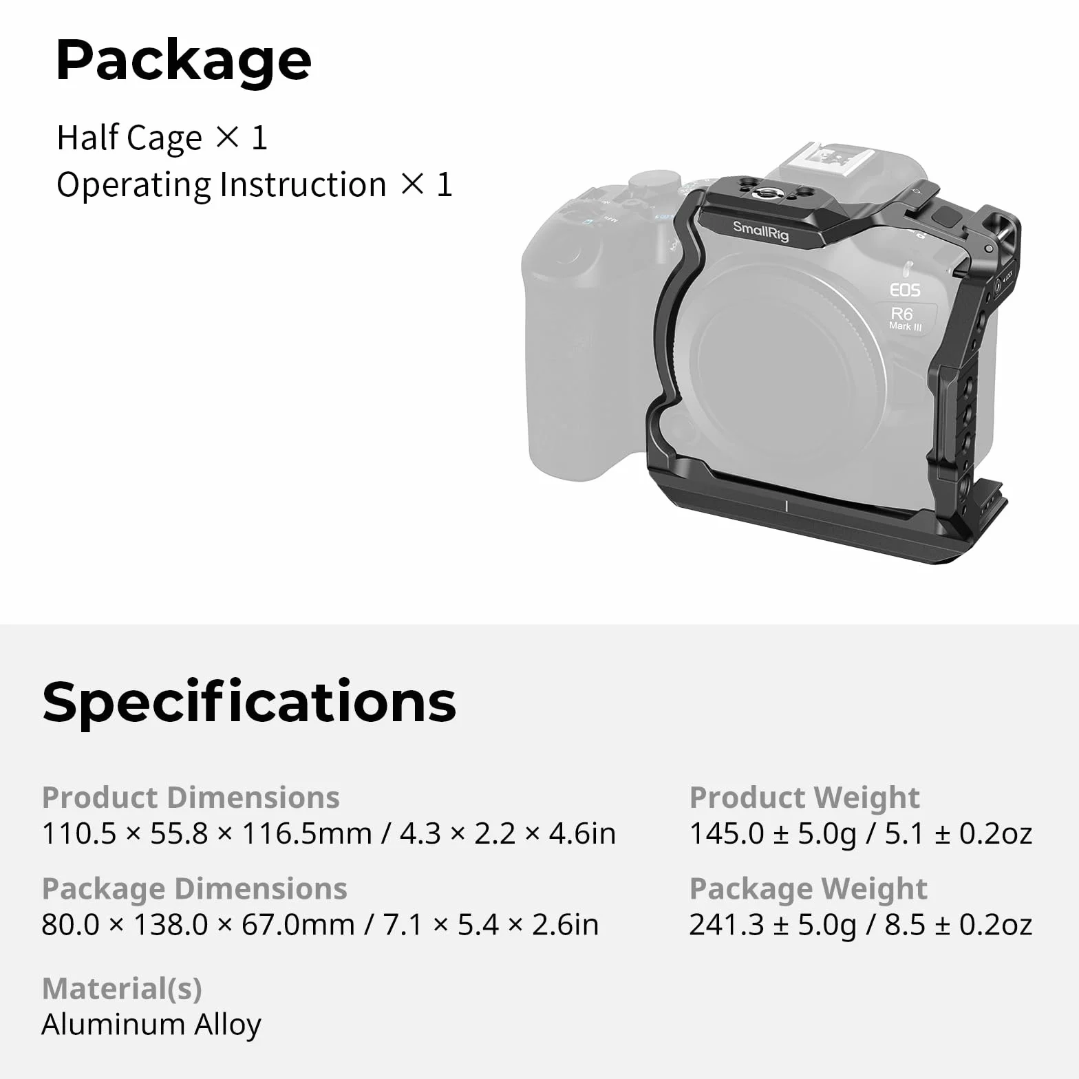 SMALLRIG Półklatka R6 Mark III do Canon R6 Mark II / R5 Mark II, płytka szybkiego montażu HawkLock do Arca, szyna NATO, blokada trzypunktowa, pasuje do DJI RS 3 / RS 3 Pro/RS 4 / RS 4 Pro - 5953