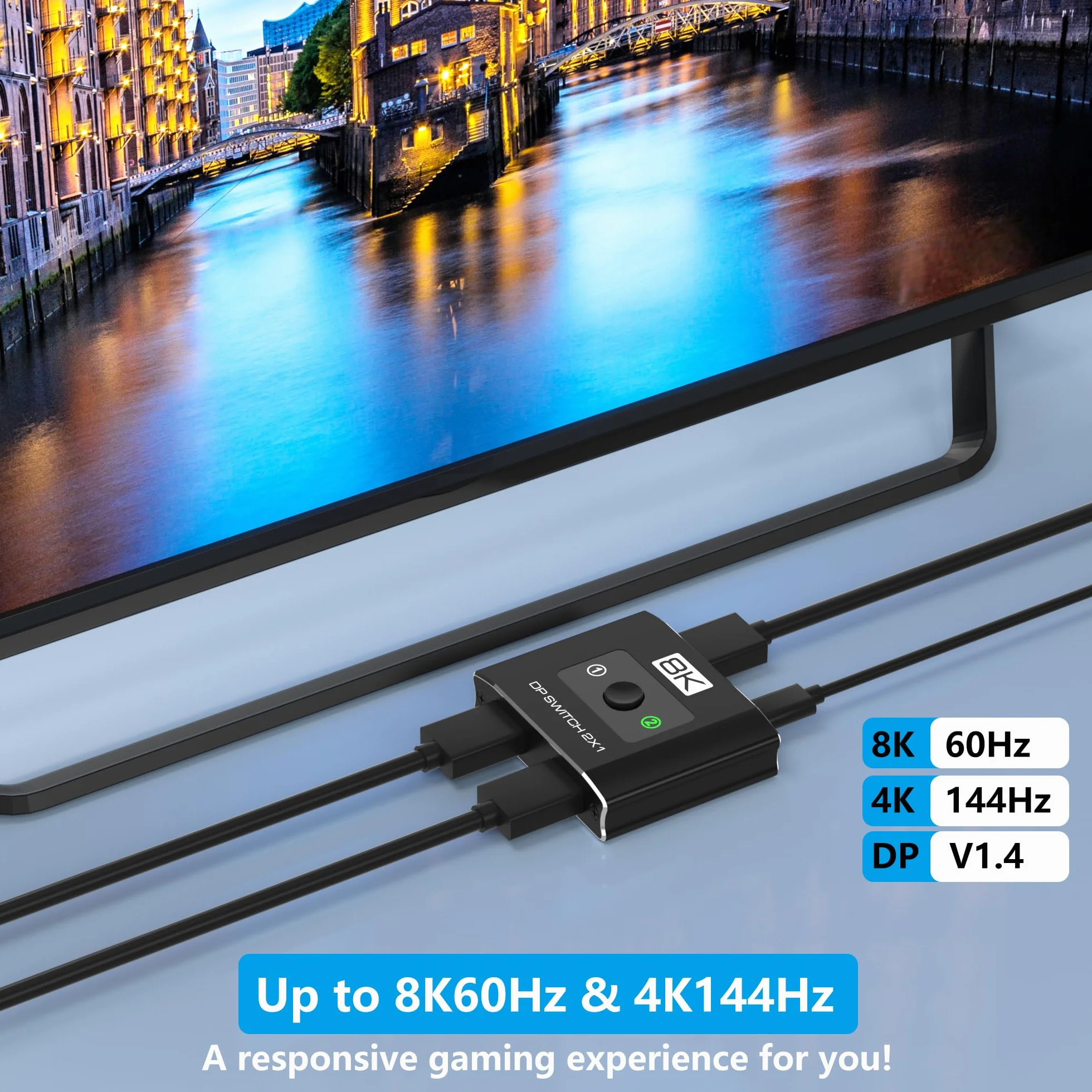Przełącznik DisplayPort 2 w 1, przełącznik 8K przy 60 Hz DP 1.4 z obsługą DSC, 2 przełączniki komputerowe, jeden monitor, przełącznik portu wyświetlacza 4K przy 144 Hz do laptopów, komputerów
