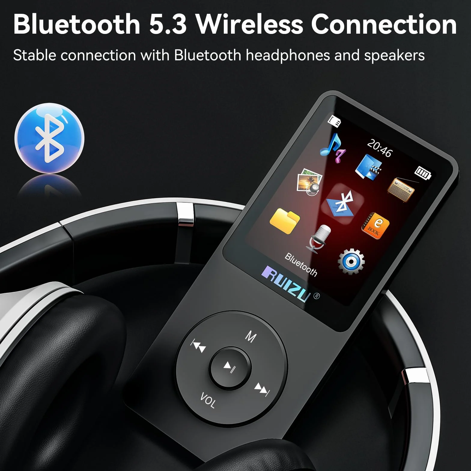 RUIZU 64GB odtwarzacz MP3 z Bluetooth 5.3, 1,8-calowy ekran, przenośny odtwarzacz muzyki, radio FM, nagrywanie głosu, 80H odtwarzanie audio i wideo, obsługa 128GB, kolor czarny