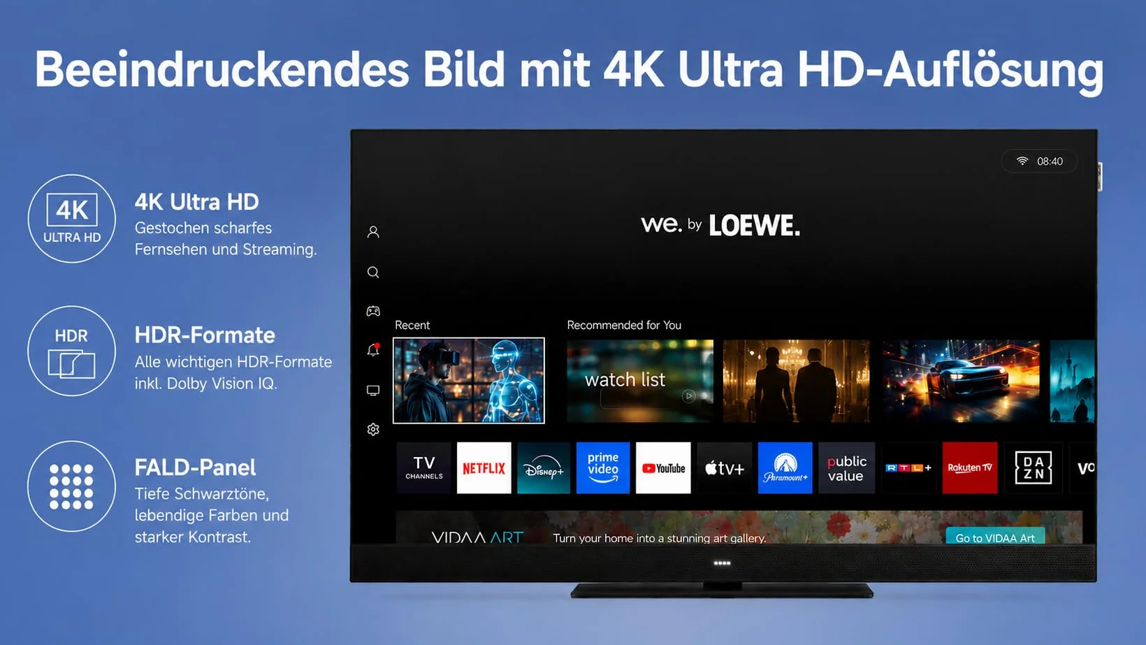 Telewizor LOEWE We. SEE 42 cale OLED, dwa kanały, Smart TV (Dolby Vision, 60 W Dolby Atmos, HDMI 2.1 120 Hz VRR, Apple AirPlay, Matter, pilot Bluetooth, wyjątkowo płaska konstrukcja monitora)