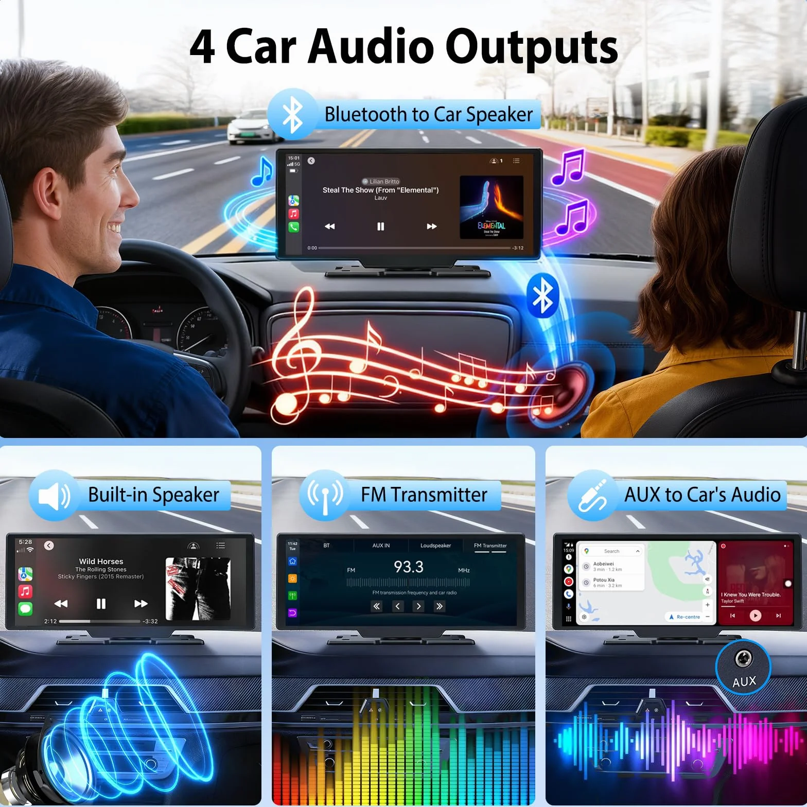 Bezprzewodowy ekran Carplay i Android Auto 26.1 cm, Apple Car Play z kamerą samochodową 4K i kamerą cofania, nawigacja GPS i sterowanie głosem, ekran Carplay do samochodów, SUV-ów, vanów (ADAS)