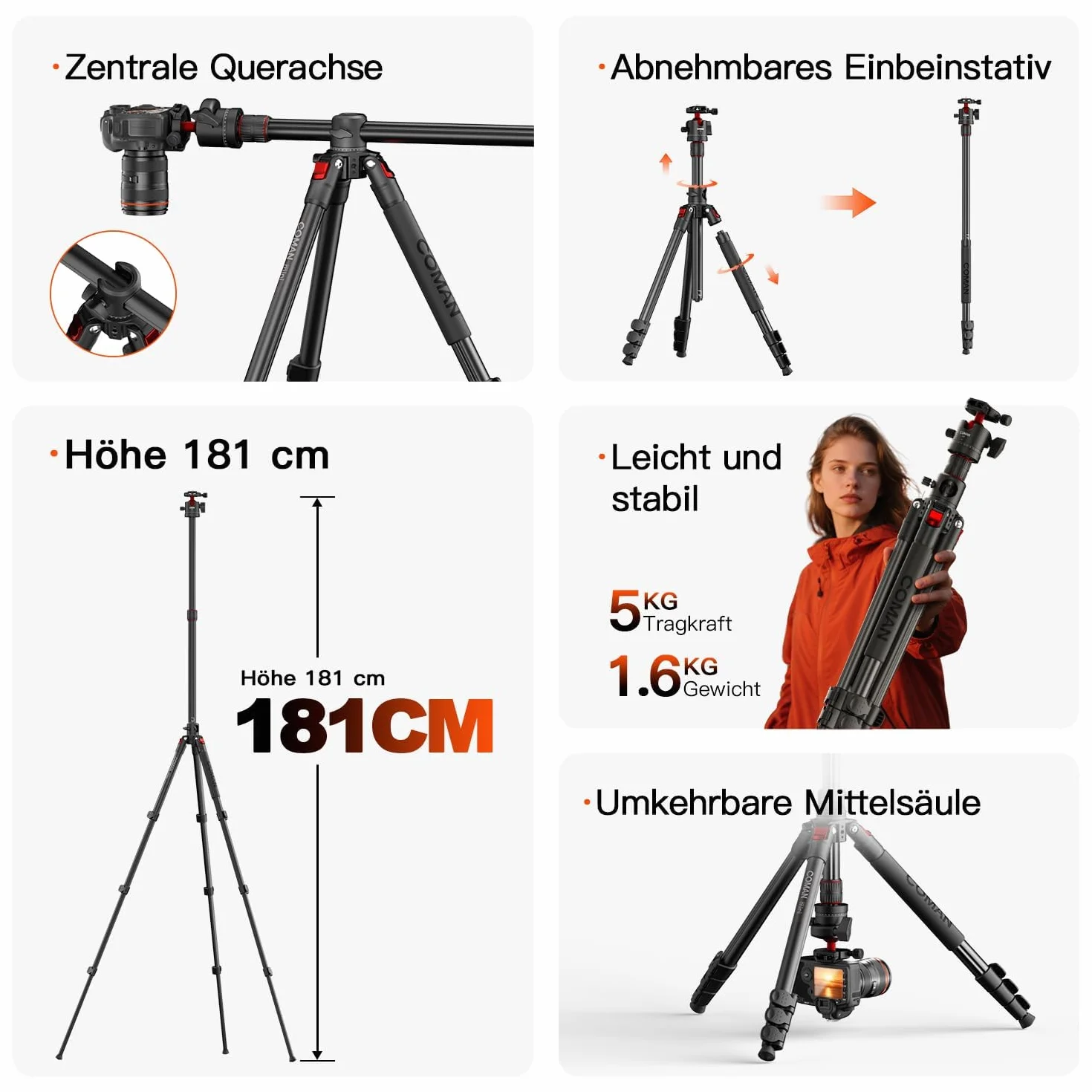COMAN Statywy trójnożne 183 cm nad kolumną środkową, głowicą kulową 360°, płytą szybkiego montażu Arca i maksymalną nośność 5 kg. Nadaje się do aparatów fotograficznych i lustrzanek.