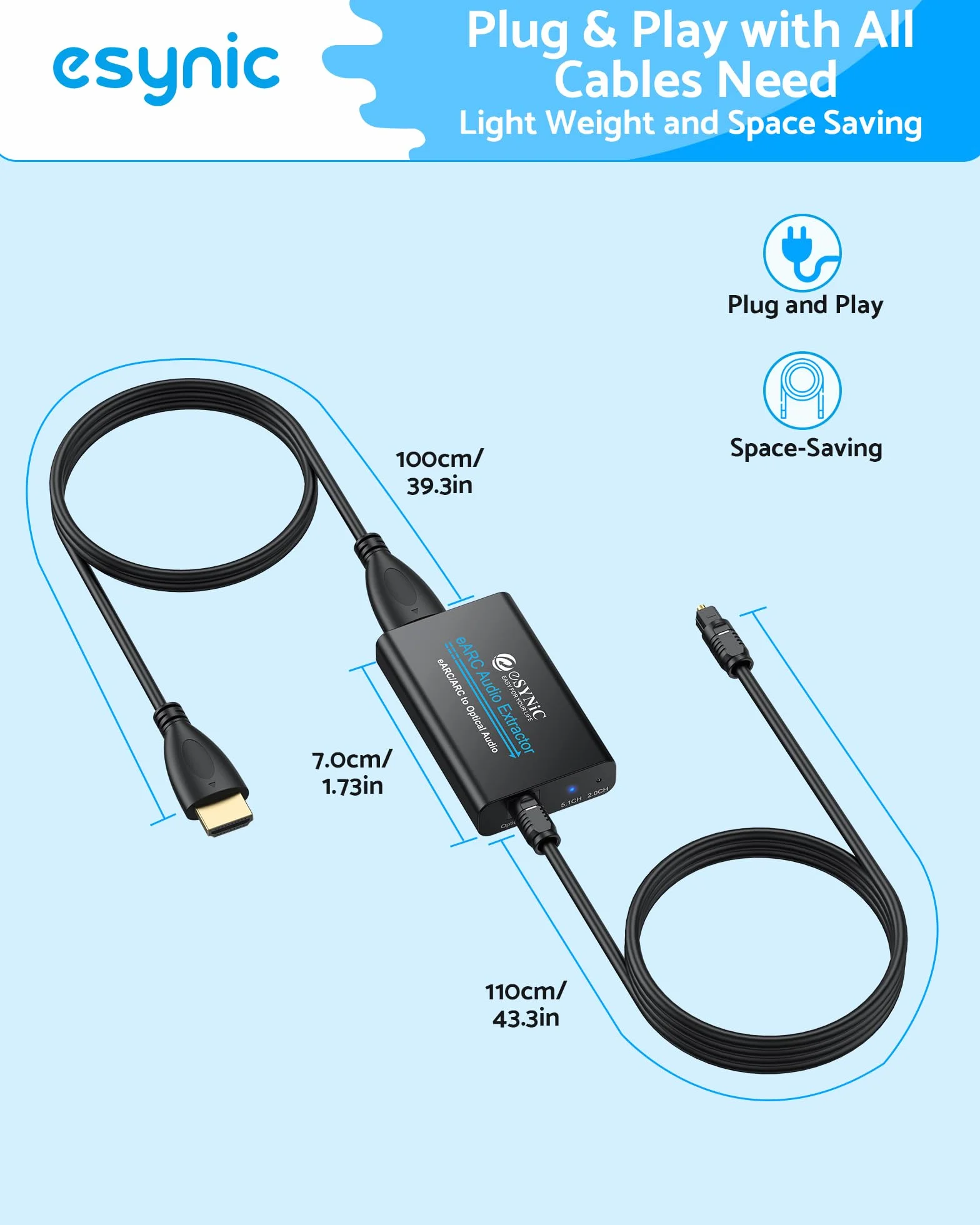 eSynic Profesjonalny ekstraktor audio 192 kHz eARC ARC HDMI do optycznego ekstraktora audio z HDMI i kablem optycznym obsługuje format audio 5.0 i 2.0 do HDTV do soundbara (należy podłączyć telewizor
