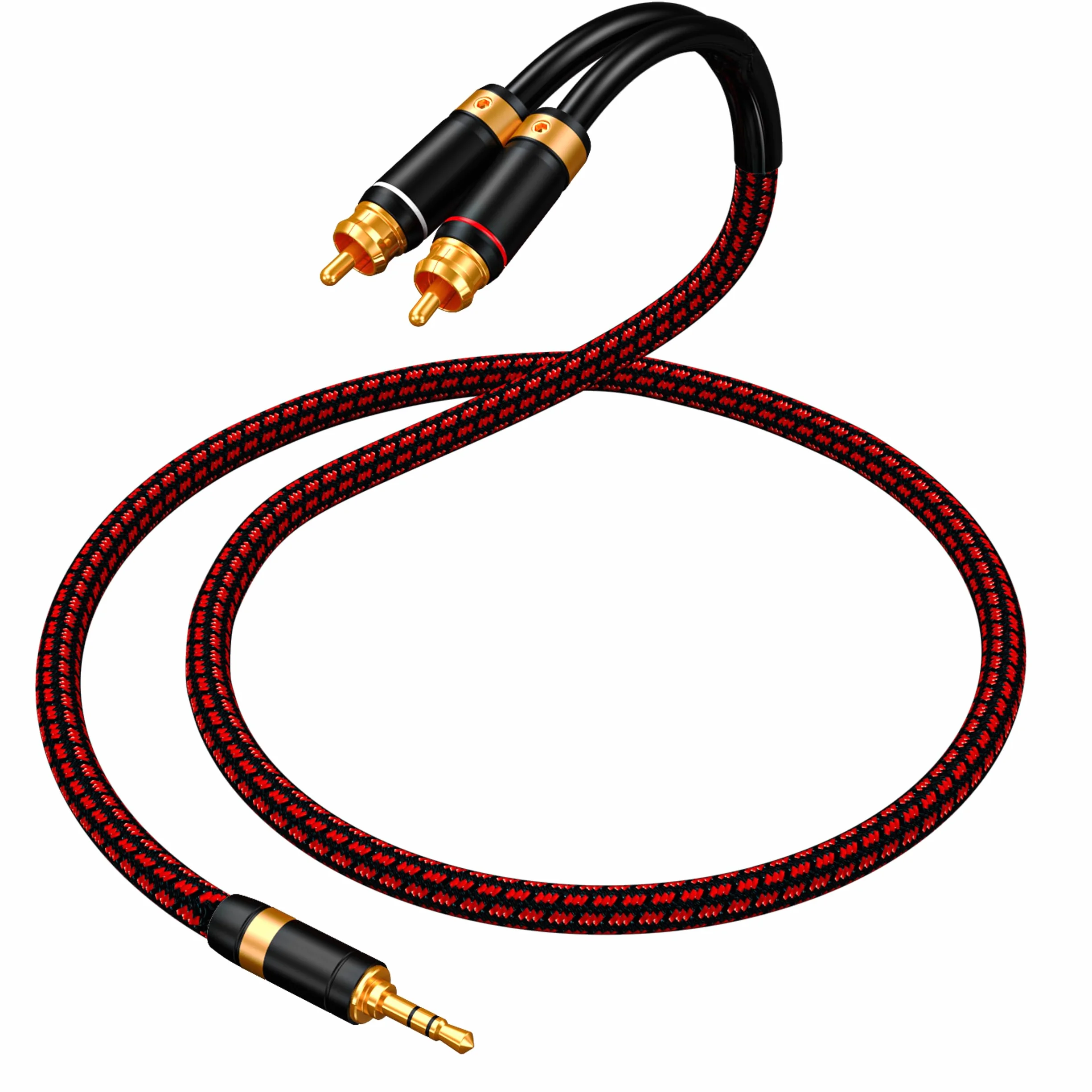 Audiofilski kabel audio 3,5 mm do 2 RCA, pleciony, pozłacany, beztlenowy, miedziany rdzeń do smartfonów, tabletów, głośników, kina domowego (prosty 3,5 mm, 1,5 m)