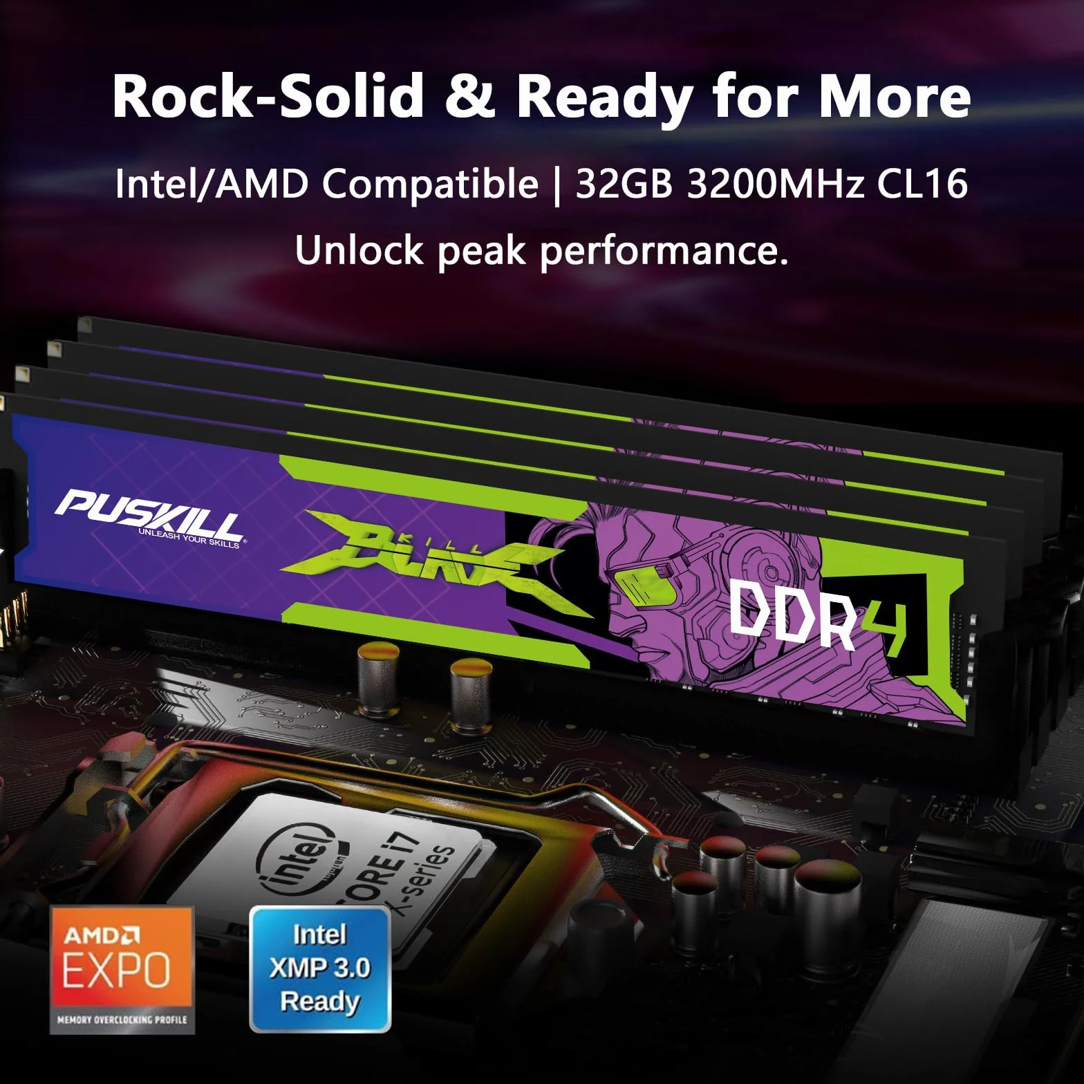 PUSKILL DDR4 32 GB (2 x 16 GB) 3200 MHz PC RAM, CL16-18-18-42, 1,35 V, zestaw pamięci stacjonarnej do gier i obliczeń o wysokiej wydajności, kompatybilny z Intel i AMD