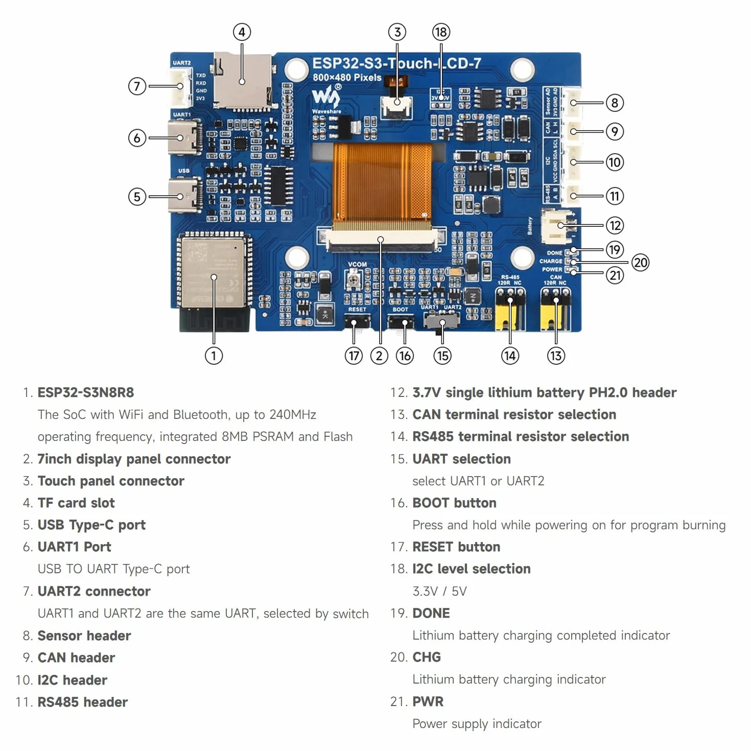 Waveshare ESP32-S3 7inch Capacitive Touch LCD Development Board, ESP32 with Display, 800x480, 5-Point Touch, 240MHz, Supports WiFi, Onboard Antenna, Suitable for ESPHome/Home Assistant Project