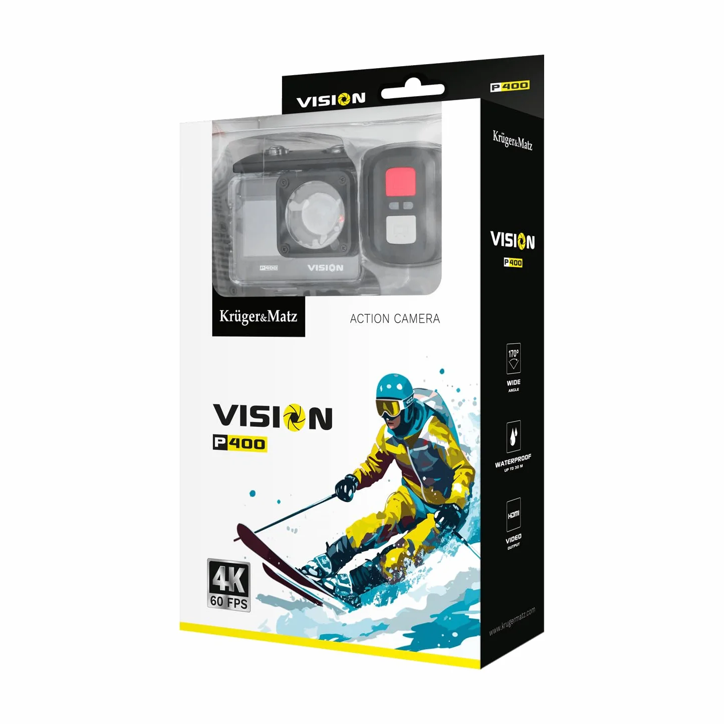 Krüger&Matz Kamera Sportowa 4K 60 FPS Vision P400 4 GB RAM Wyświetlacz 2” 320 x 240 px Wi-Fi Mikrofon Wodoszczelna Obudowa Slow Motion Nagrywanie Poklatkowe KM0292