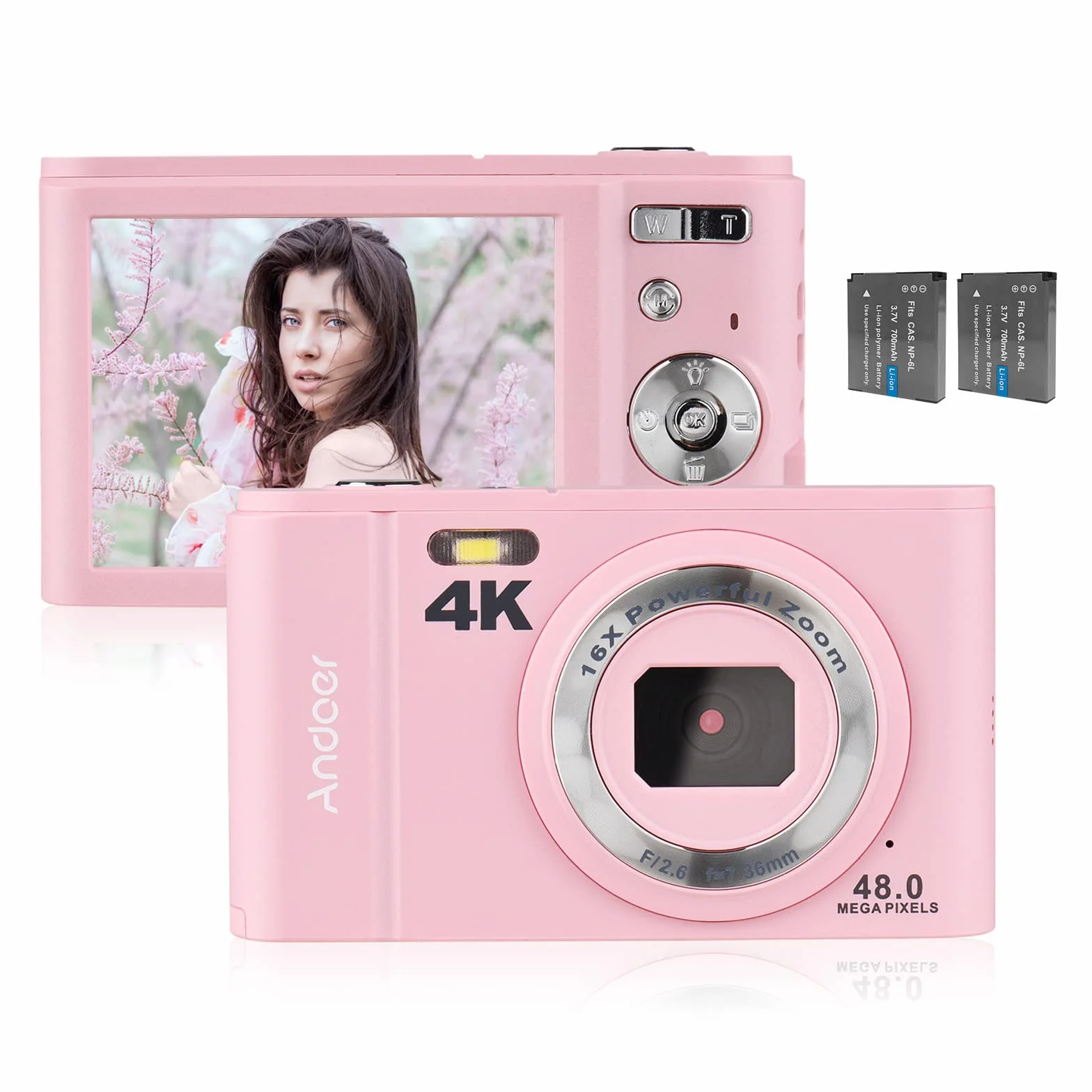 Andoer Aparat cyfrowy, 48 MP 4K, ekran IPS 2,8", kompaktowy aparat cyfrowy 16x, z 2 bateriami, karta pamięci 32 GB, pasek na rękę, torba do noszenia dla dorosłych/seniorów/dzieci, różowy
