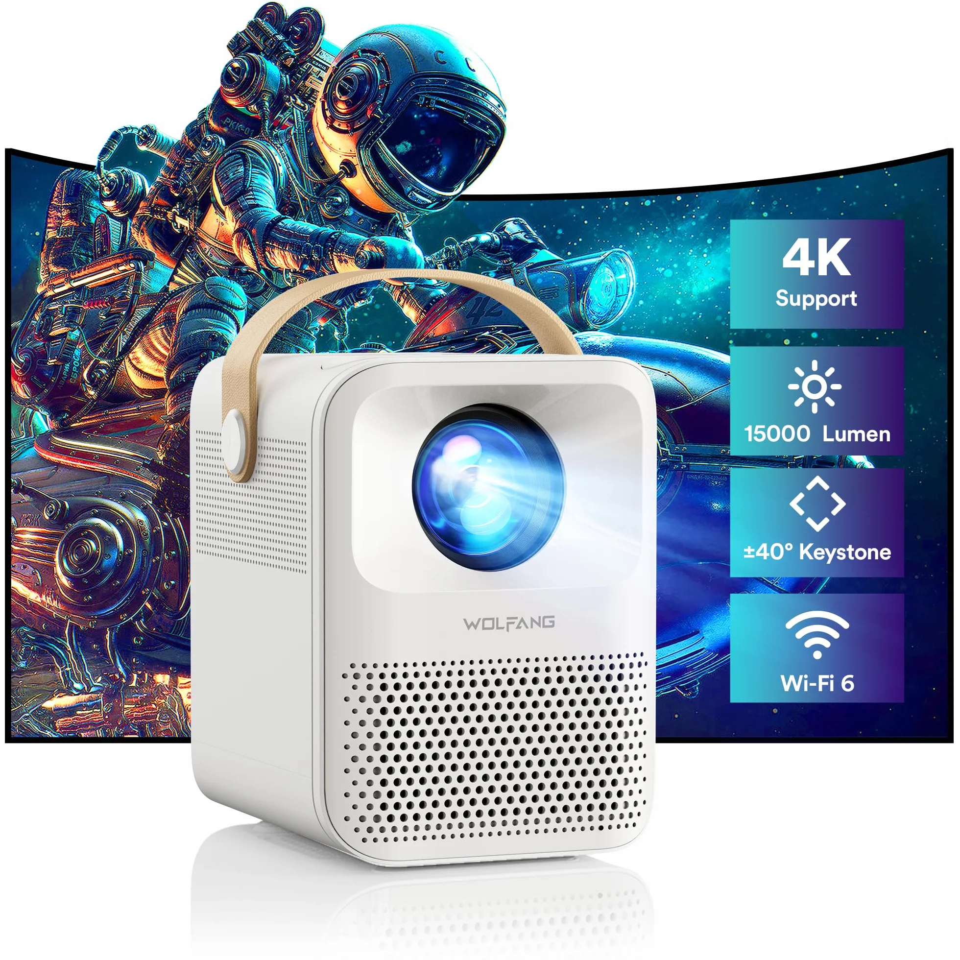 Mini projektor, przenośny projektor WOLFANG 4K 5G WiFi, BT 5.2, 12000 LM 200" wyświetlacz projektor kina domowego, projektor telefoniczny kompatybilny z iOS/Android/HDMI/PC/TV Stick/USB/PS5