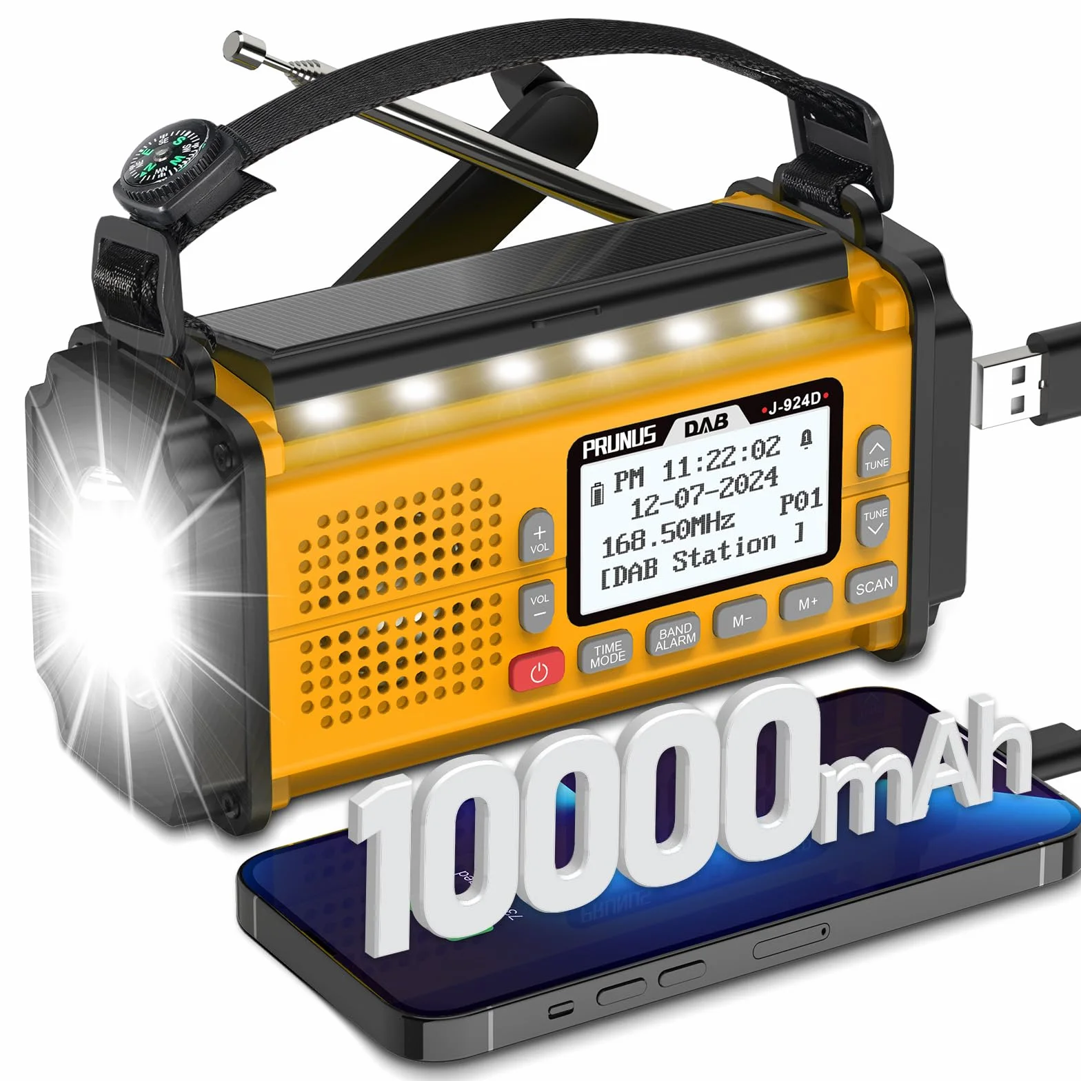 J-924 DAB przenośne radio słoneczne FM, radiolina z korbą Dynamo | z baterią 10000 mAh, radiem bateryjnym z latarką i światłem do czytania/alarmem SOS do Ourdoor, awaryjne (żółte)