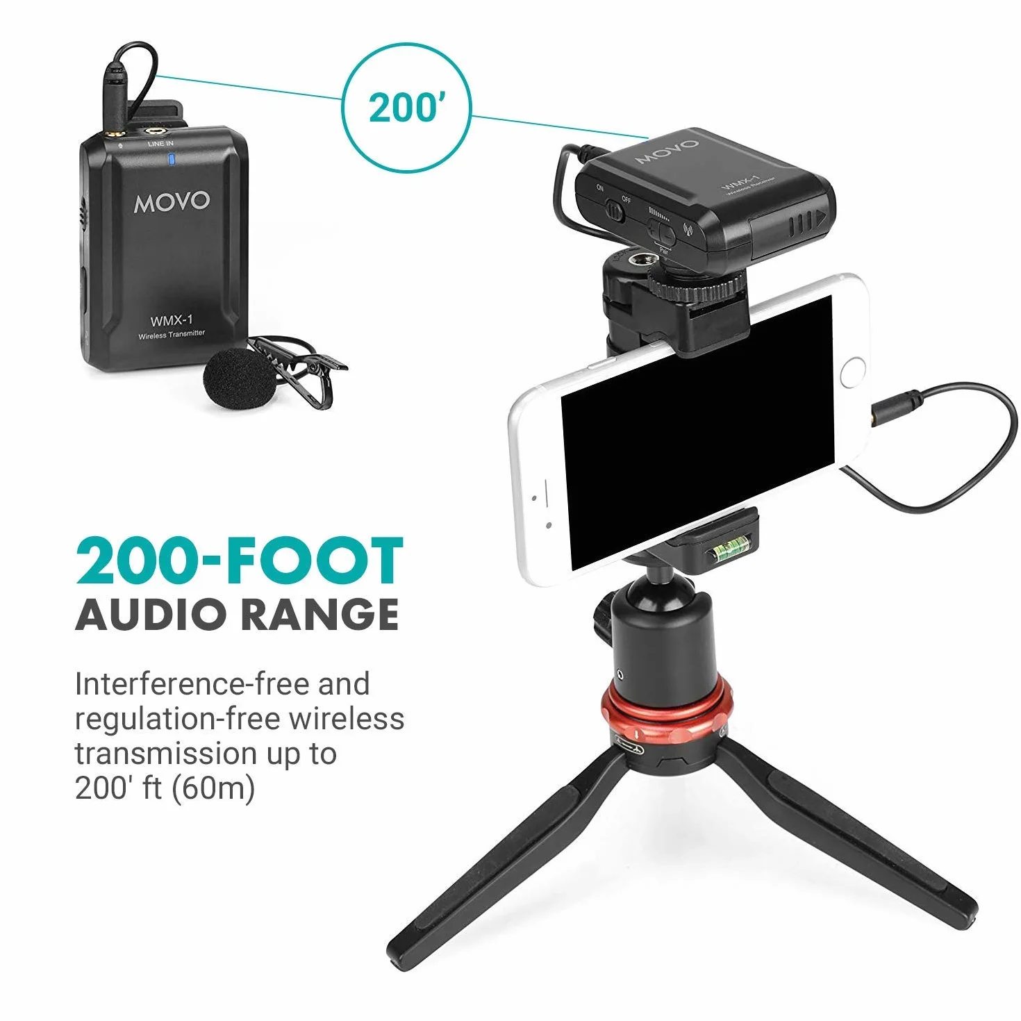 Movo WMX-1 2,4 GHz Bezprzewodowy system mikrofonowy Lavalier Micro Tie Zestaw transmisji audio kompatybilny z DSLR, aparatami fotograficznymi, iPhonem, Android i tabletami (zasięg 60 metrów)