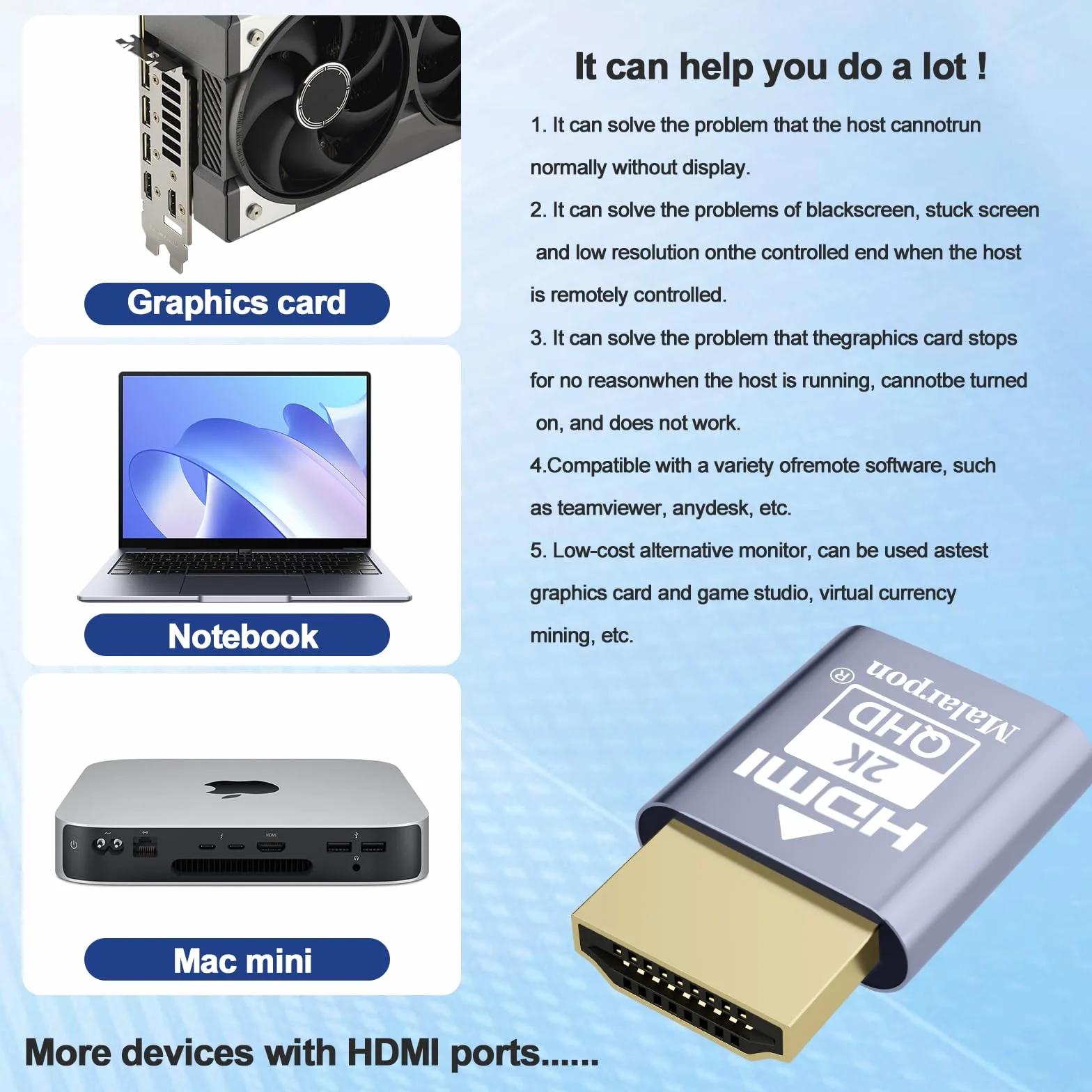 HDMI Dummy Plug Fit-Headless Display Emulator DDC EDID Headless Ghos z Windows Mac OSX Linux Świetny do przyspieszenia grafiki 1920 x 1080 przy 60 Hz 6P
