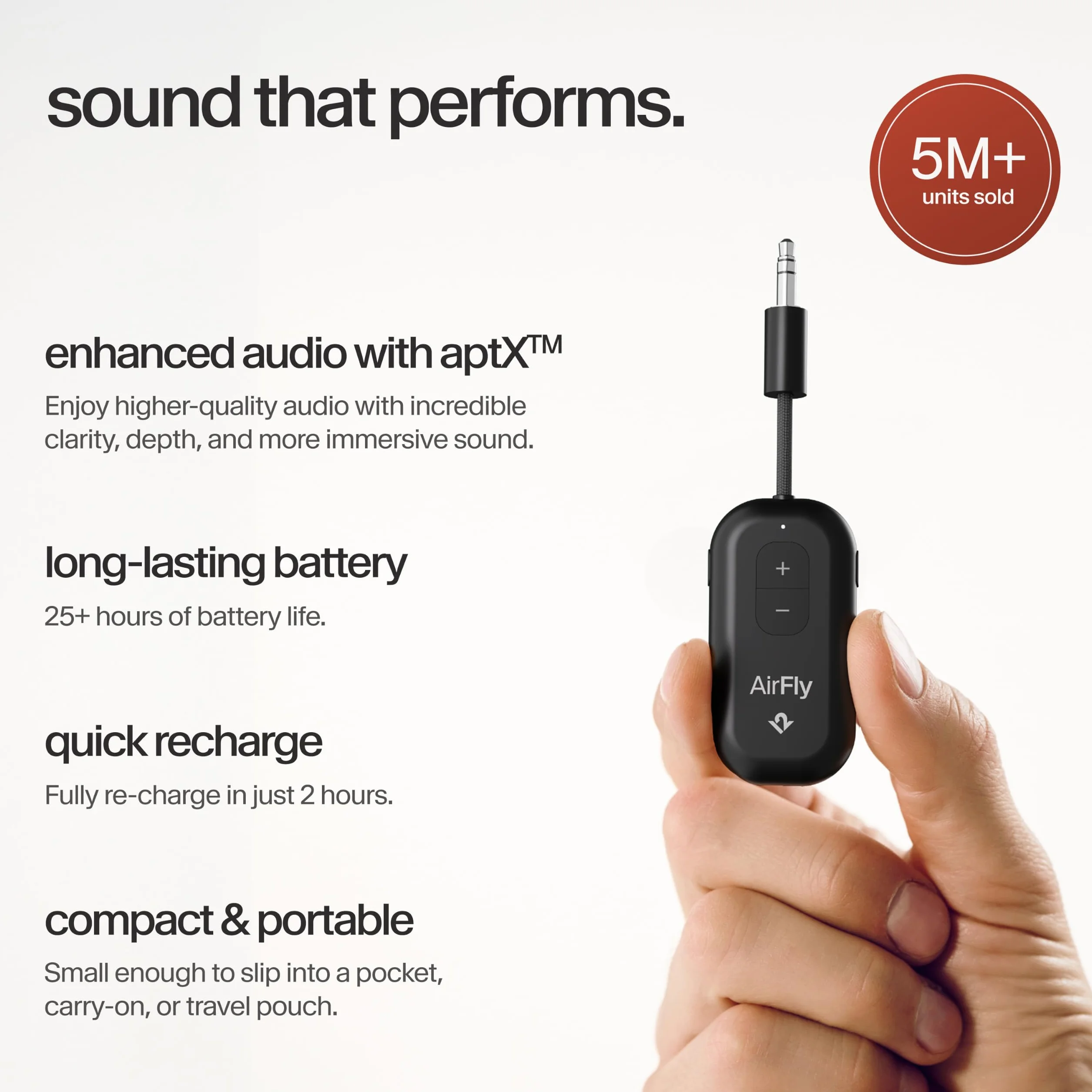 AirFly Pro 2 Podłącz słuchawki Bluetooth do dowolnego gniazda słuchawkowego, takiego jak samoloty, bieżnie lub konsole do gier, aby słuchać bezprzewodowo w dowolnym miejscu