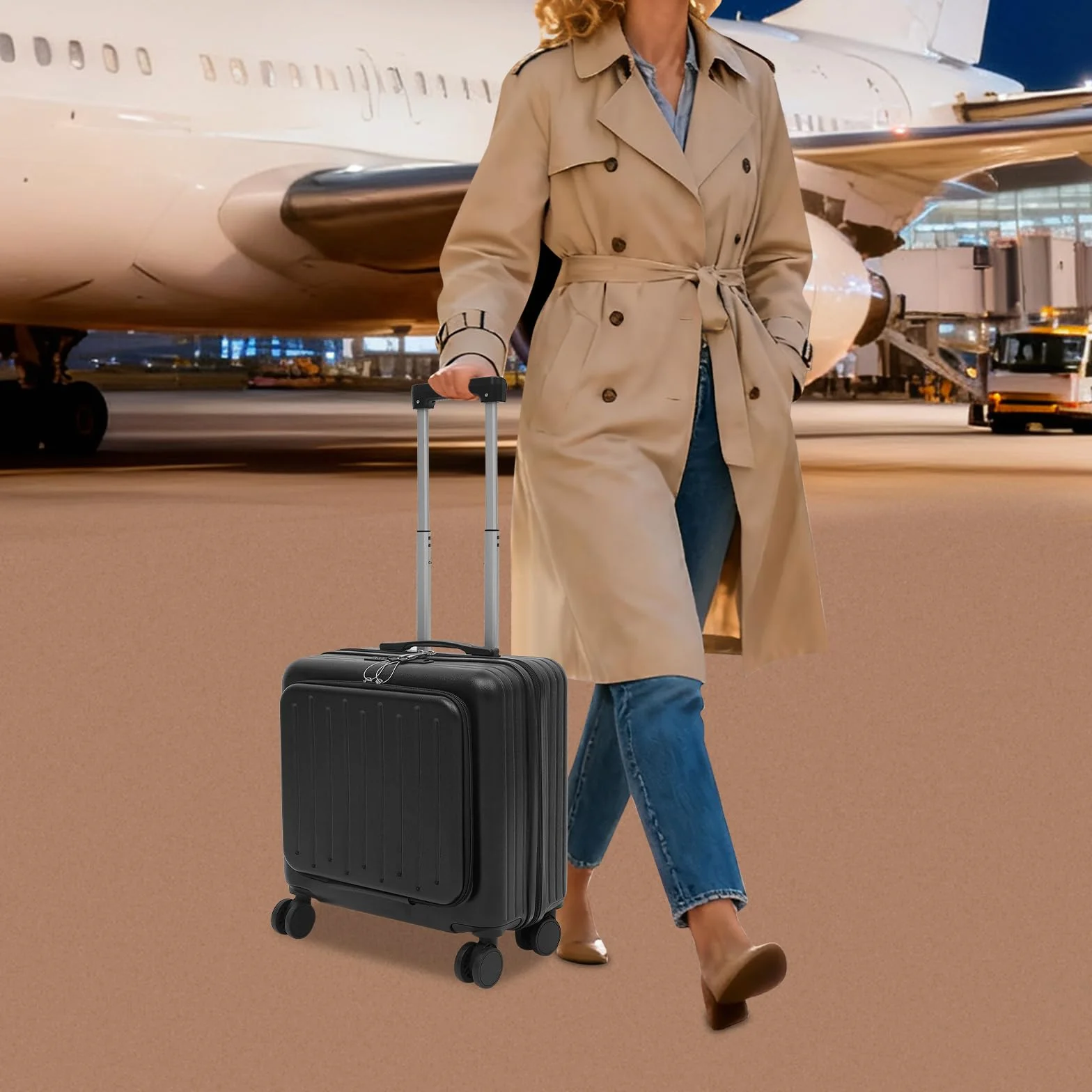 Walizka kabinowa 18″ z 3-cyfrowym zamkiem kodowym, przegródki na laptopa, port USB, uchwyt na napoje, ciche kółka obrotowe, wózek podróżny i biznesowy, czarny