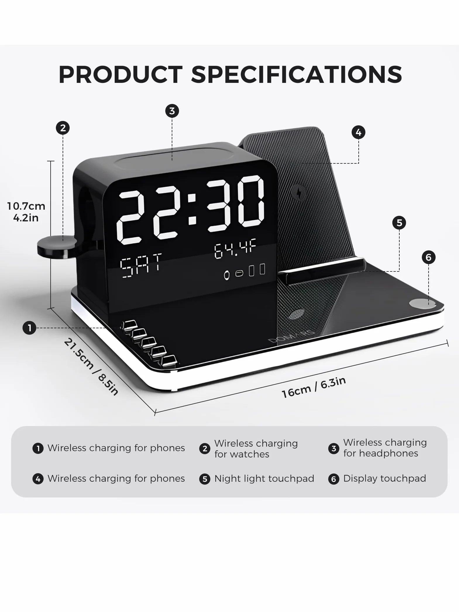 Bezprzewodowa Stacja Ładująca 7 w 1 z Zegarem, Szybka Ładowarka Indukcyjna 30W Bluetooth i Termometr, Stacja Dokująca kompatybilna z iPhone 17 16 15 14 13 12 Pro Max, Apple Watch, AirPods