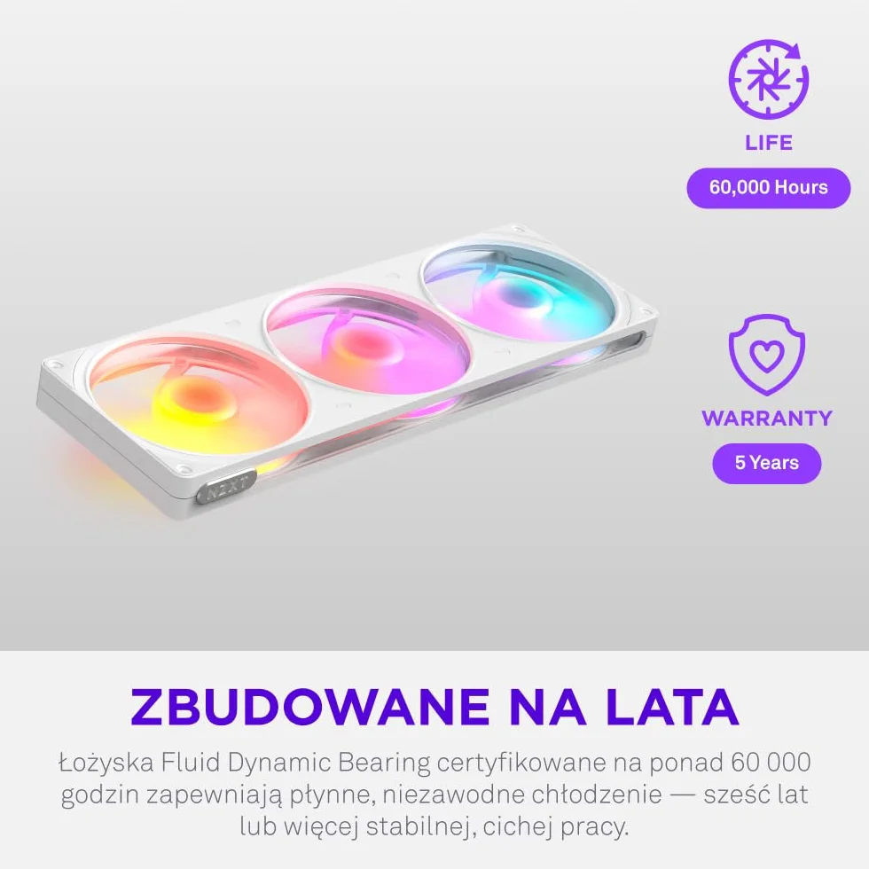 NZXT F360 RGB - Wentylator RGB PWM single-frame 360mm - Biały | Zestaw single-frame 360mm z trzema wentylatorami PWM RGB 120mm. Żywe RGB i łożyska hydrodynamiczne dla cichego chłodzenia.