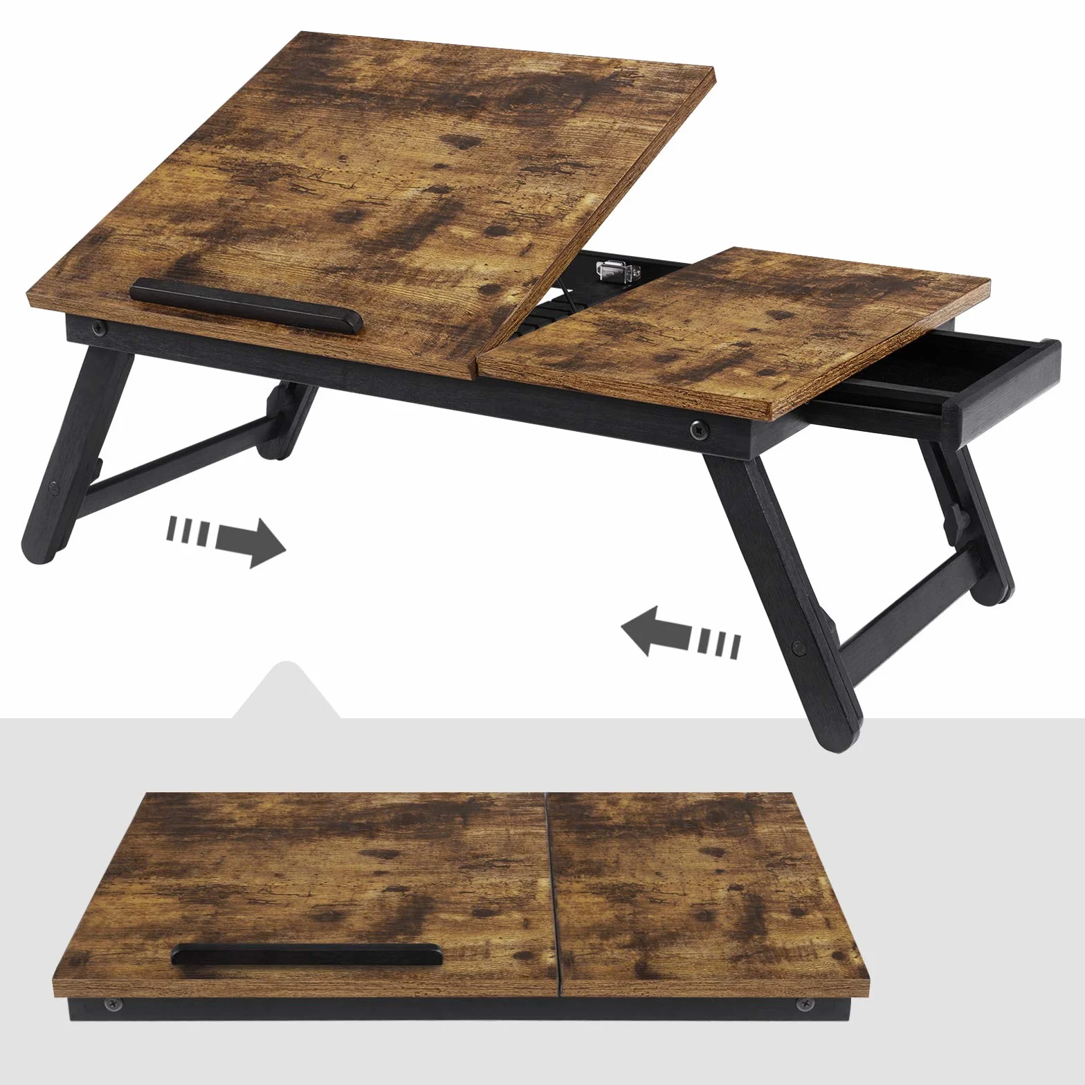 SONGMICS LLD105B01 Stolik/stojak pod laptopa, taca śniadaniowa, składane nogi, na łóżko i sofę, z regulacją wysokości, do laptopów o przekątnej ekranu do 15,6“, 55 x 35 x 23 cm, odcień brązowy retro