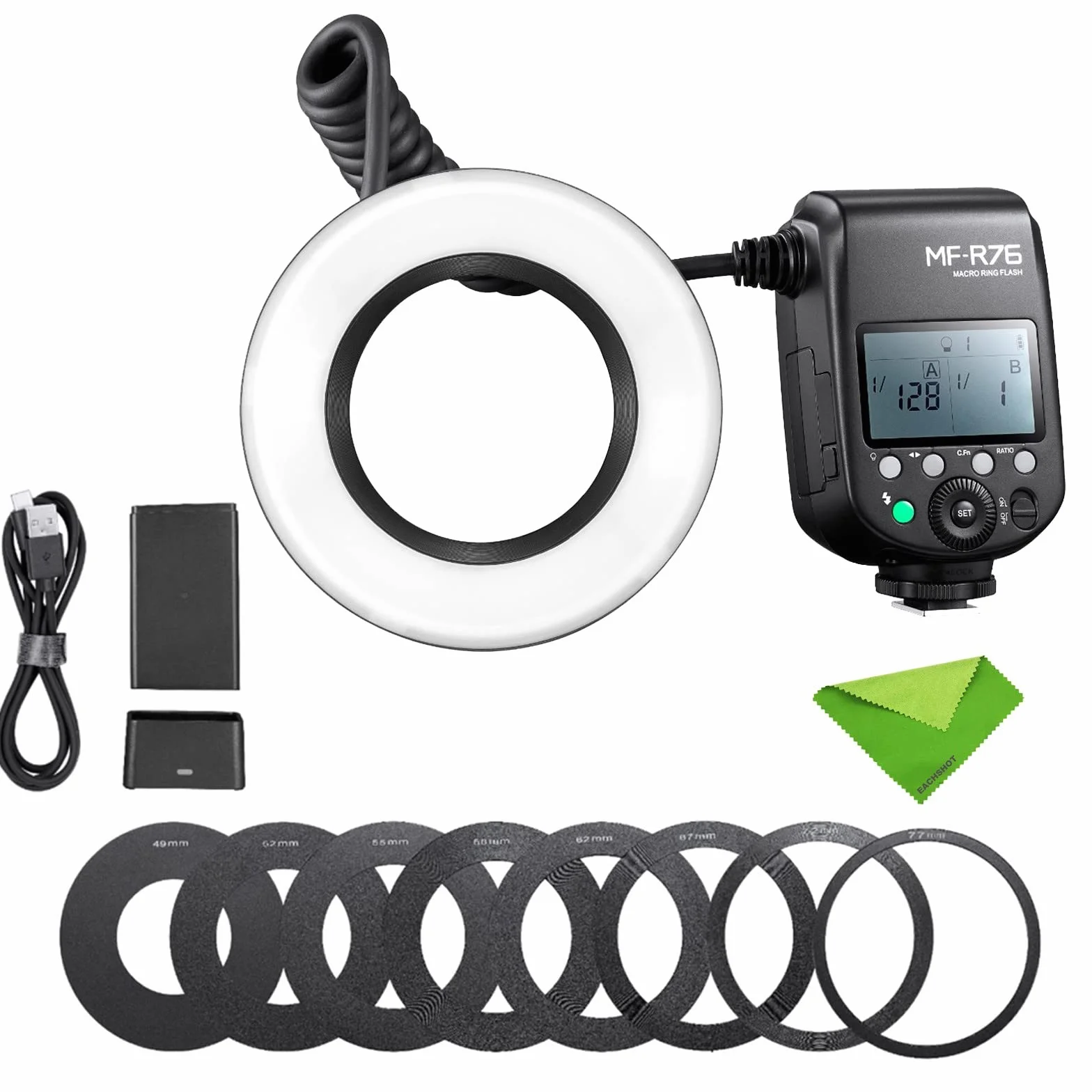 Godox MF-R76 lampa błyskowa makro, regulacja mocy od 1/128 do 1/1, akumulator litowy wielokrotnego ładowania, 10 poziomów mocy, kompatybilny z aparatami Canon, Nikon, Sony i innymi lustrzankami