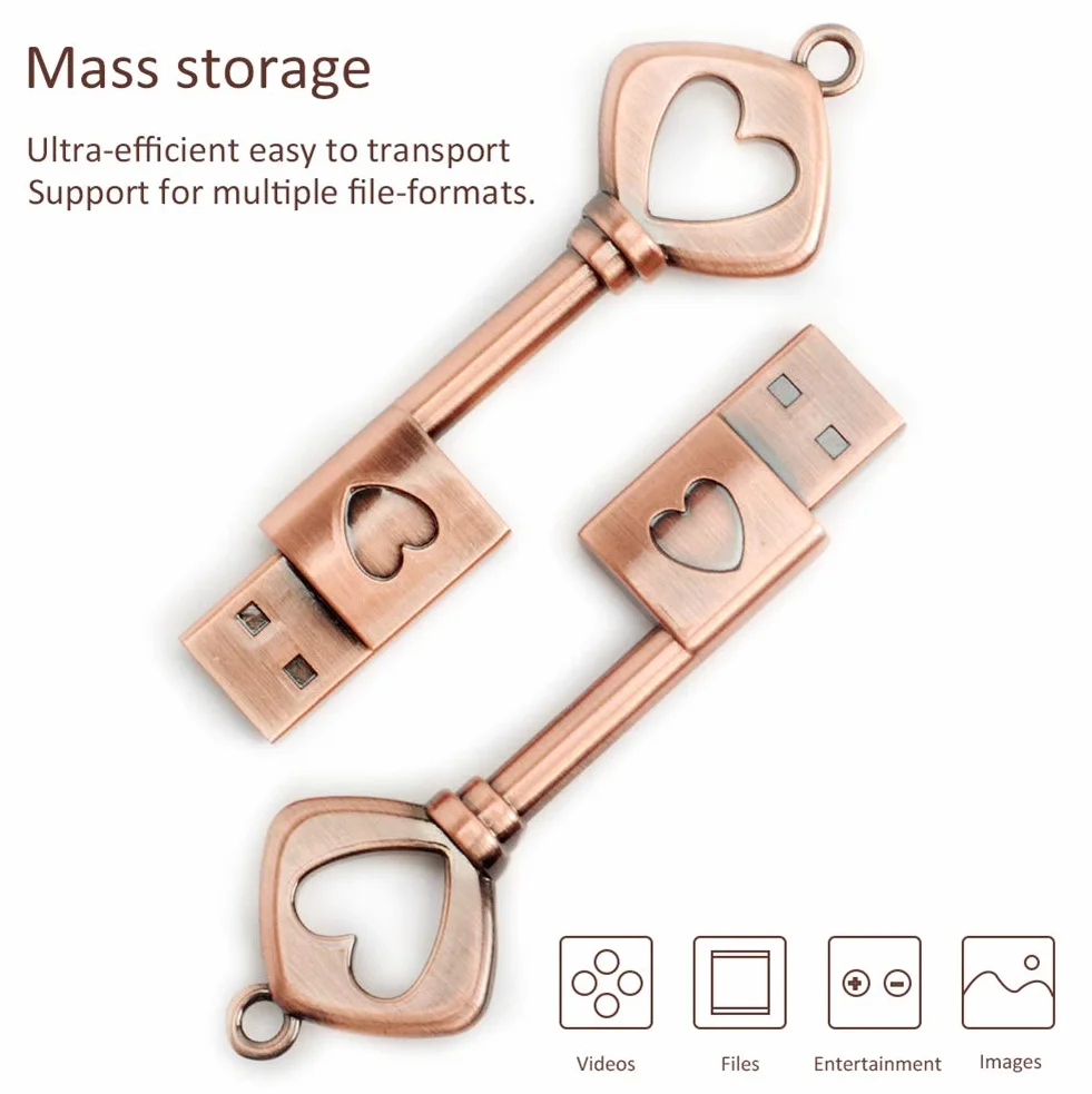 32 GB Pamięć USB, BorlterClamp Pendrive Retro Metalowy Miłość Serce Klucz Kształt