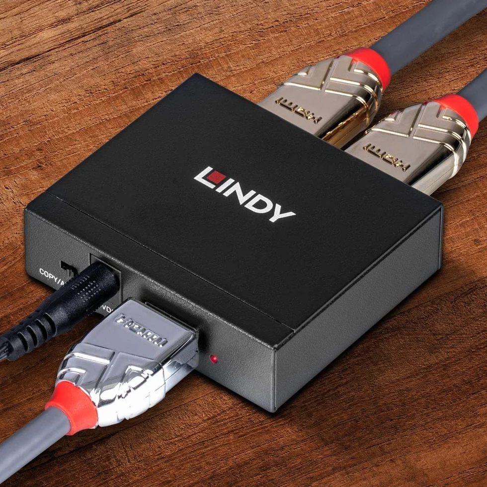 LINDY Rozdzielacz HDMI 4K 2 porty 3D, 2160p30 kompaktowy rozdzielacz, rozprowadza sygnał HDMI na dwa wyjścia, do Full HD do 1080p oraz UHD do 4Kx2K (38158)