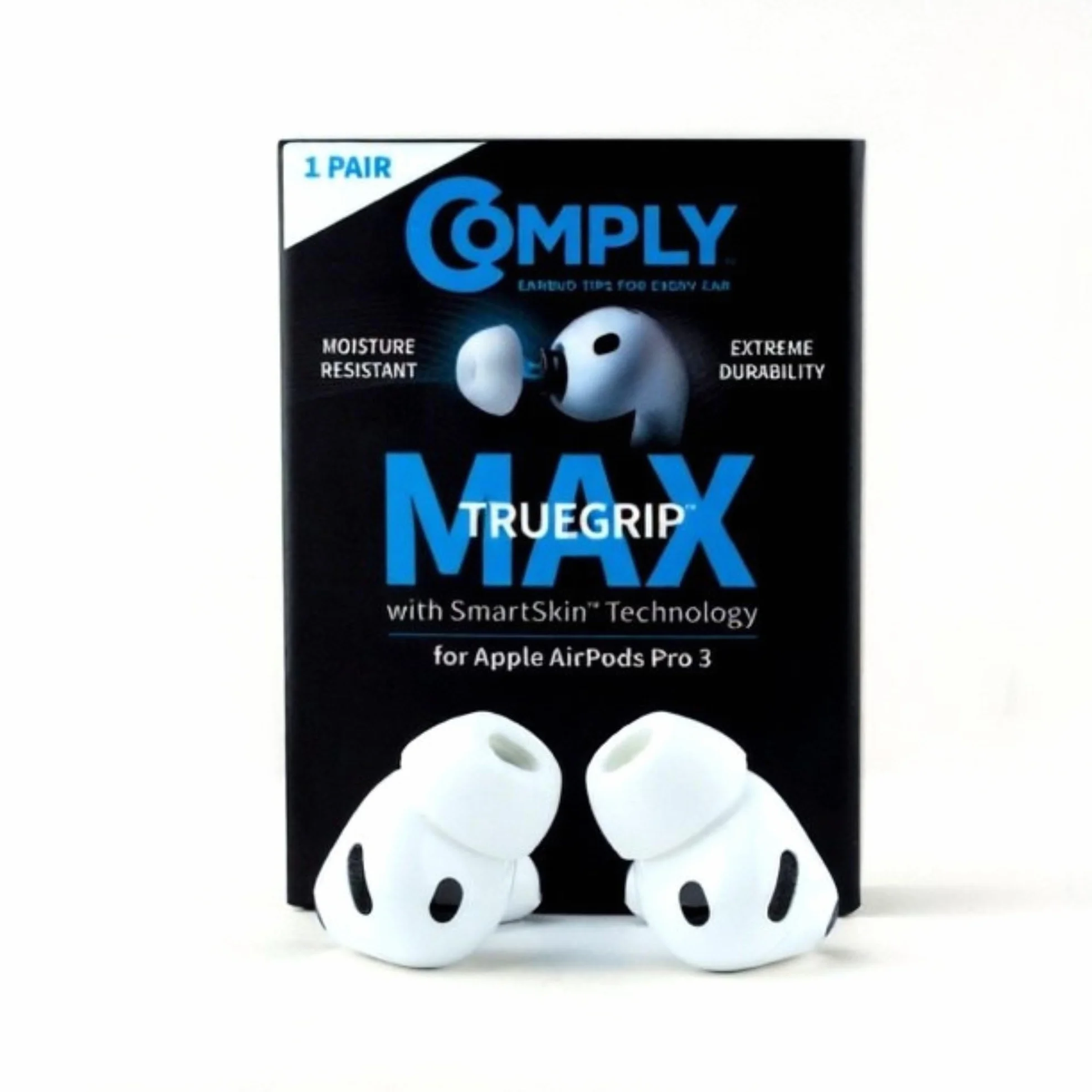 Comply TrueGrip MAX wymienne zatyczki do uszu z pianki z pamięcią kształtu do Apple AirPods Pro (3 generacji), technologia SmartSkin, doskonała izolacja akustyczna, białe, rozmiar M, 1 para