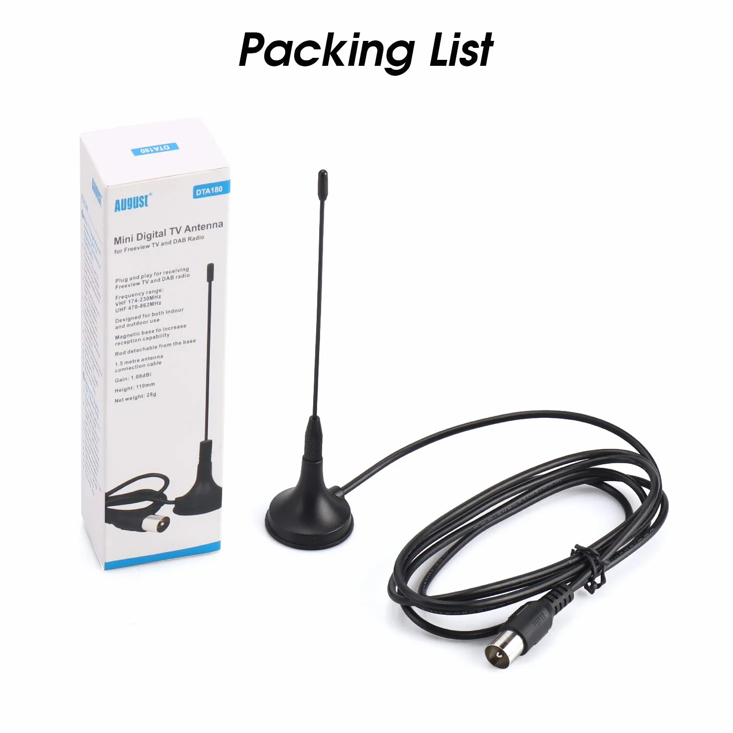 August DTA180 Przenośna antena telewizyjna, mini wewnętrzna antena Freeview HD do DVB-T2, tunerów USB, telewizorów 4K, dekoderów - podstawa magnetyczna, kabel koncentryczny 1,5 m, czarna