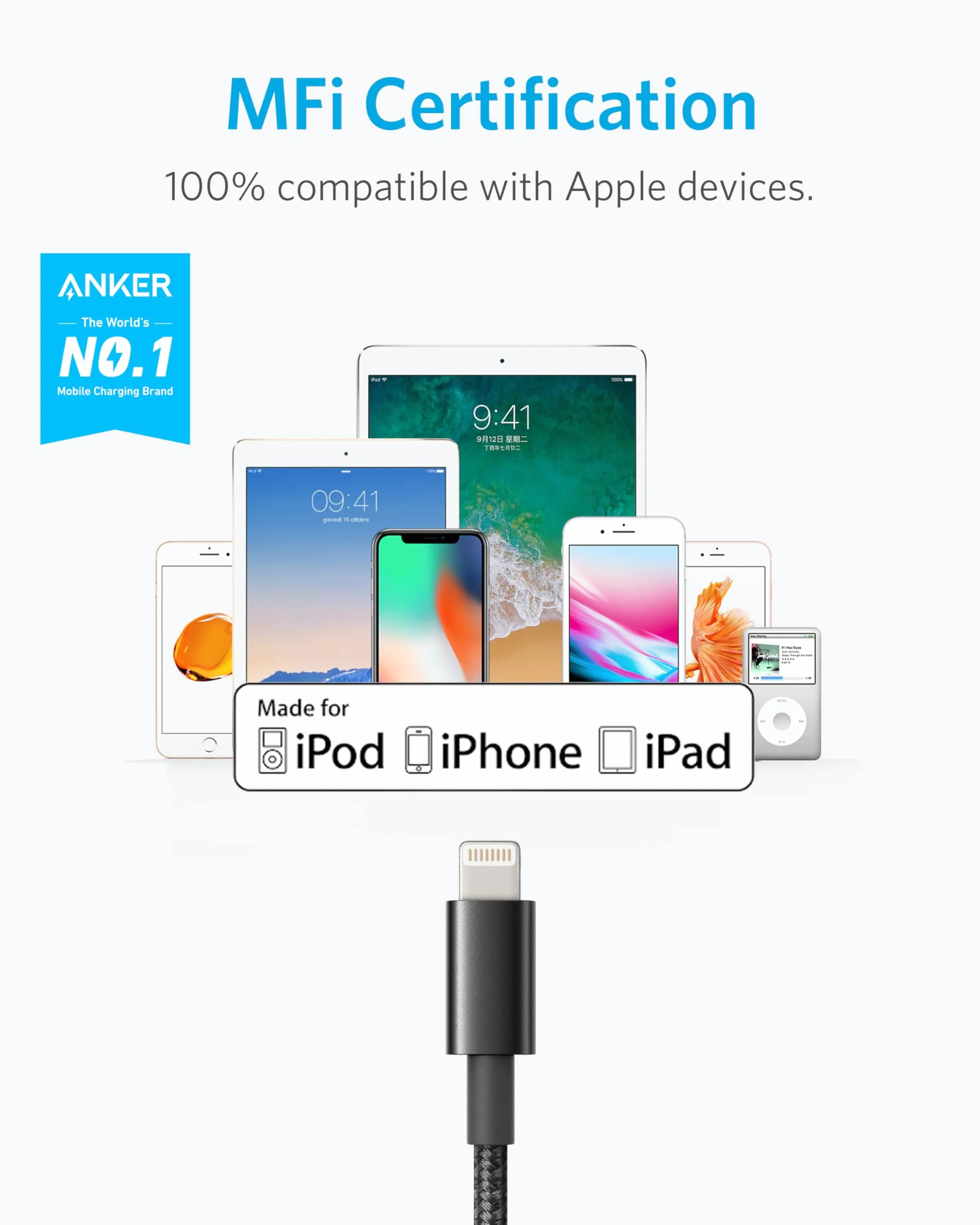 Kabel Anker USB A do Lightning (1 m, 1 opakowanie), nylonowy kabel USB do Lightning z certyfikatem MFi do iPhone'a 14/13/12/11 Pro/11/XS MAX/XR/8/7/6s Plus