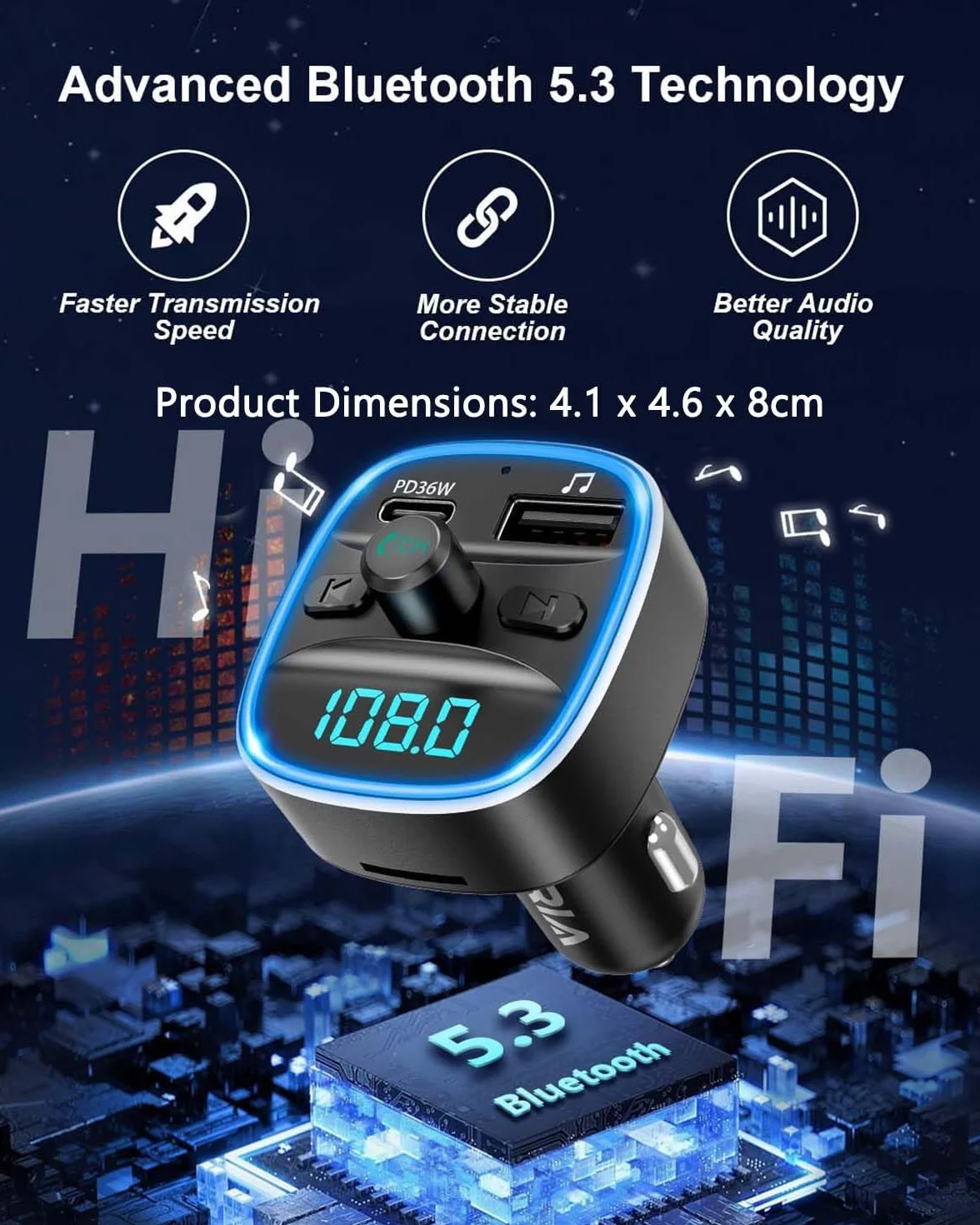 ORIA Nadajnik FM Bluetooth 5.3, adapter samochodowy z szybkim ładowaniem PD 36W, LED, zestaw głośnomówiący, TF, USB