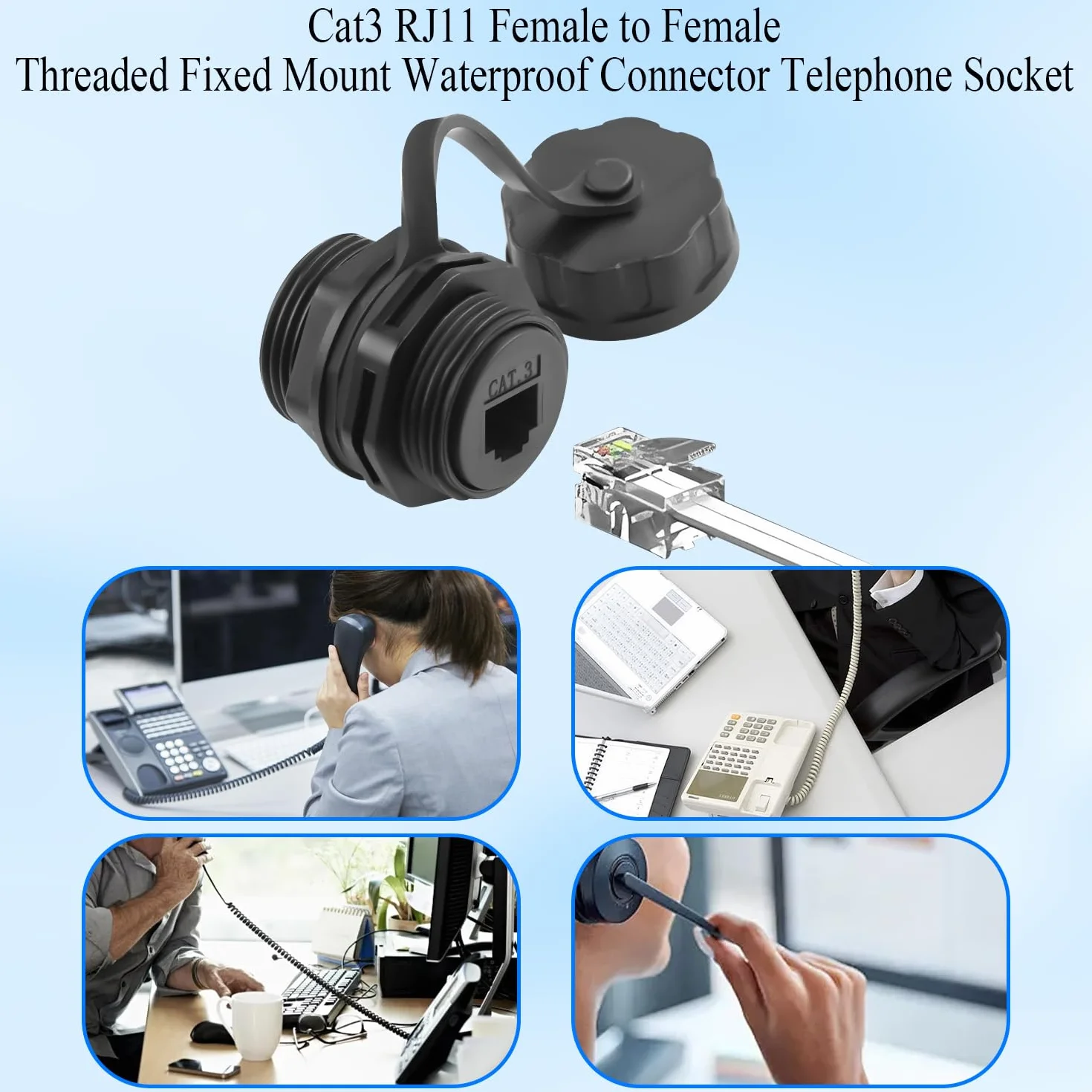 QIANRENON Cat3 RJ11 gwintowany stały wodoodporny adapter RJ11 6P4C żeński na żeńskie złącze telefoniczne złącze do montażu na panelu przednie gniazdo IP68, do modemu faksu głosowego
